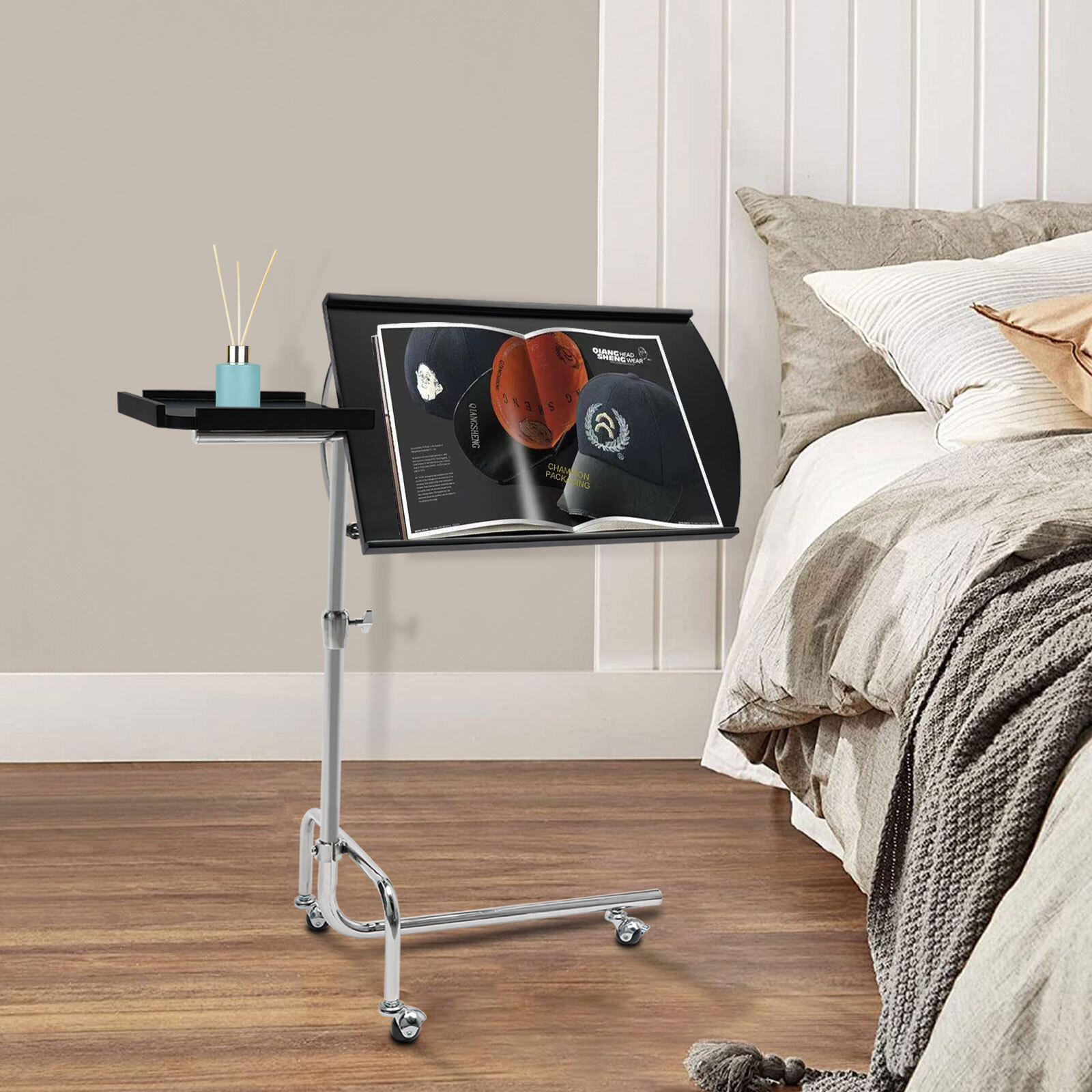Modern Black Free-standing Adjustable Wood Swivel Tray Table w/ Ergonomic Stand
