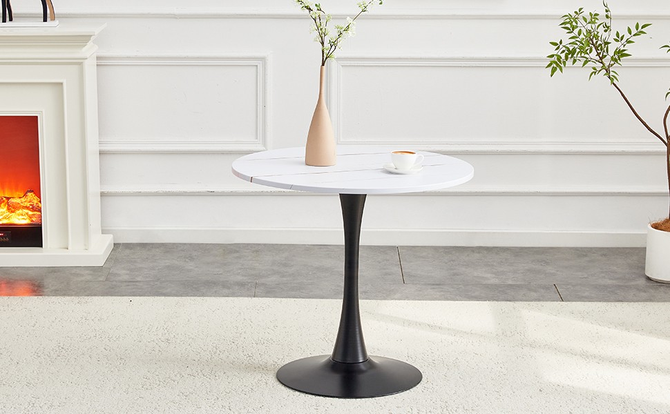 31.5″ Round Tulip Dining Table White MDF Top Metal Pedestal Base