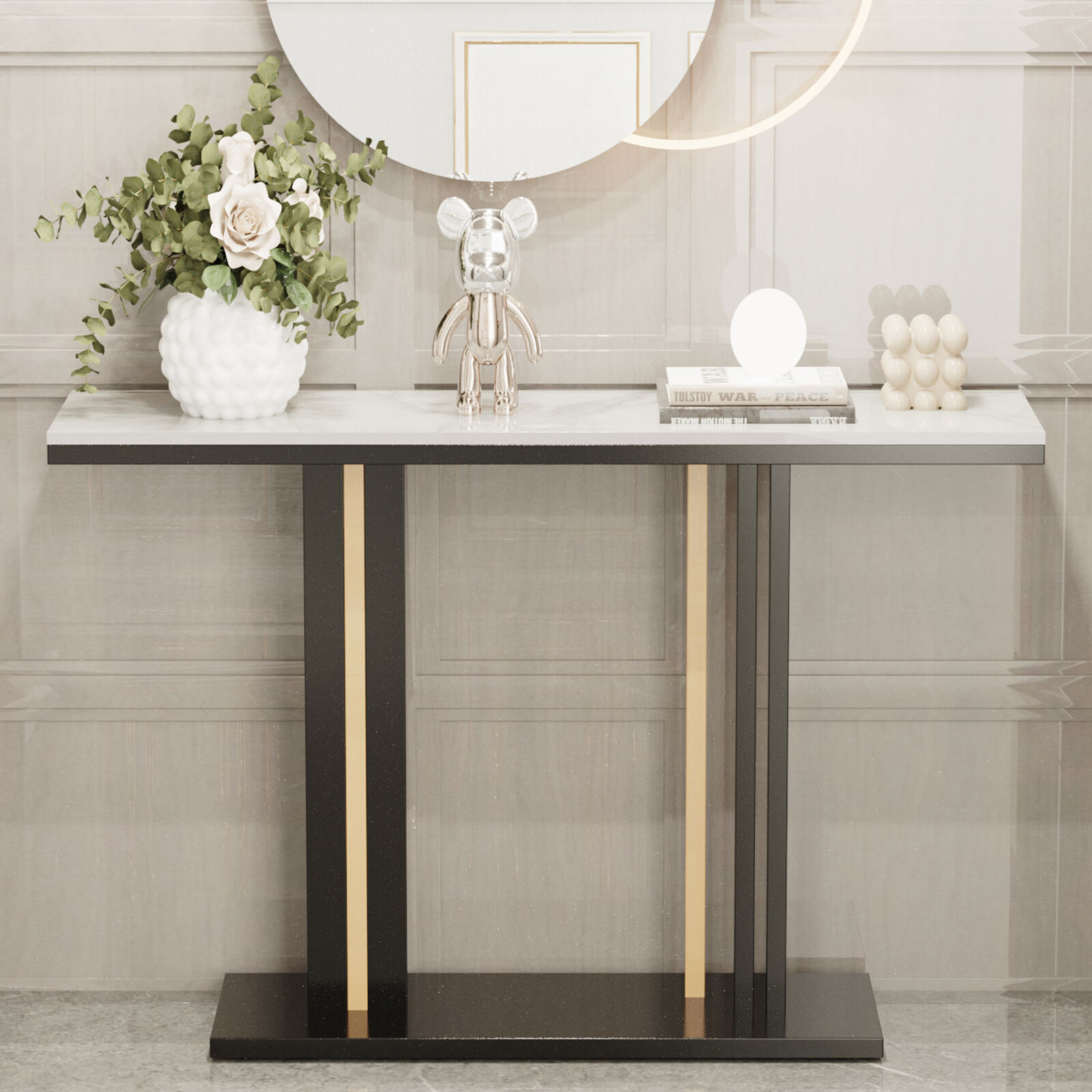 Sophisticated Glossy Marble Console Table Behind Sofa Display Stand Black Gold