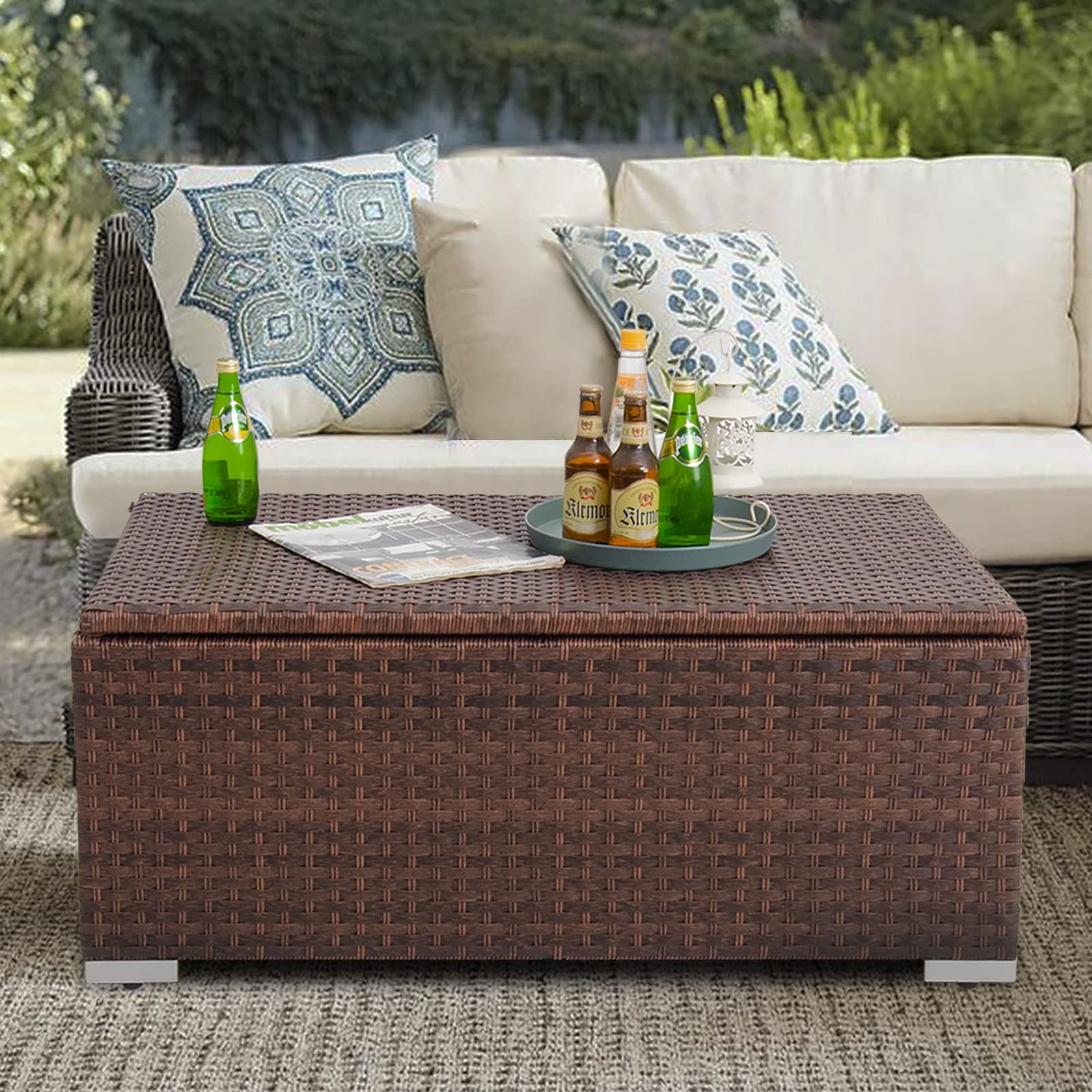 Outdoor Storage Coffee Table with Waterproof Cover,Patio Wicker Storage Table…