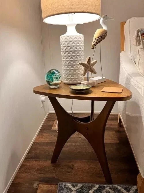 Triangle Mid-Century Modern Side Table Light Brown Small Unique Wooden Bedside