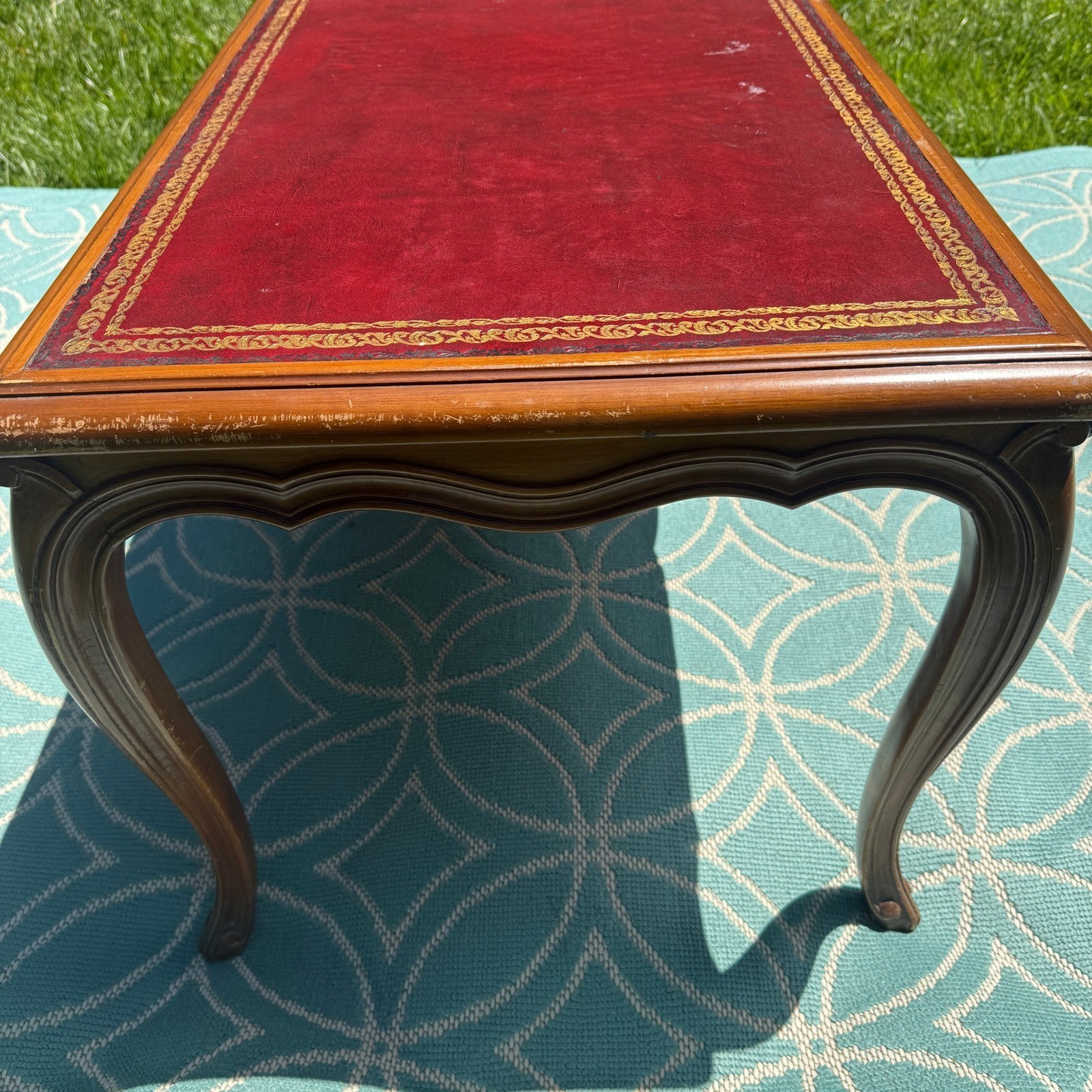 Vintage French Provincial Coffee Table Red Leather Gold Embossed Inset Wood