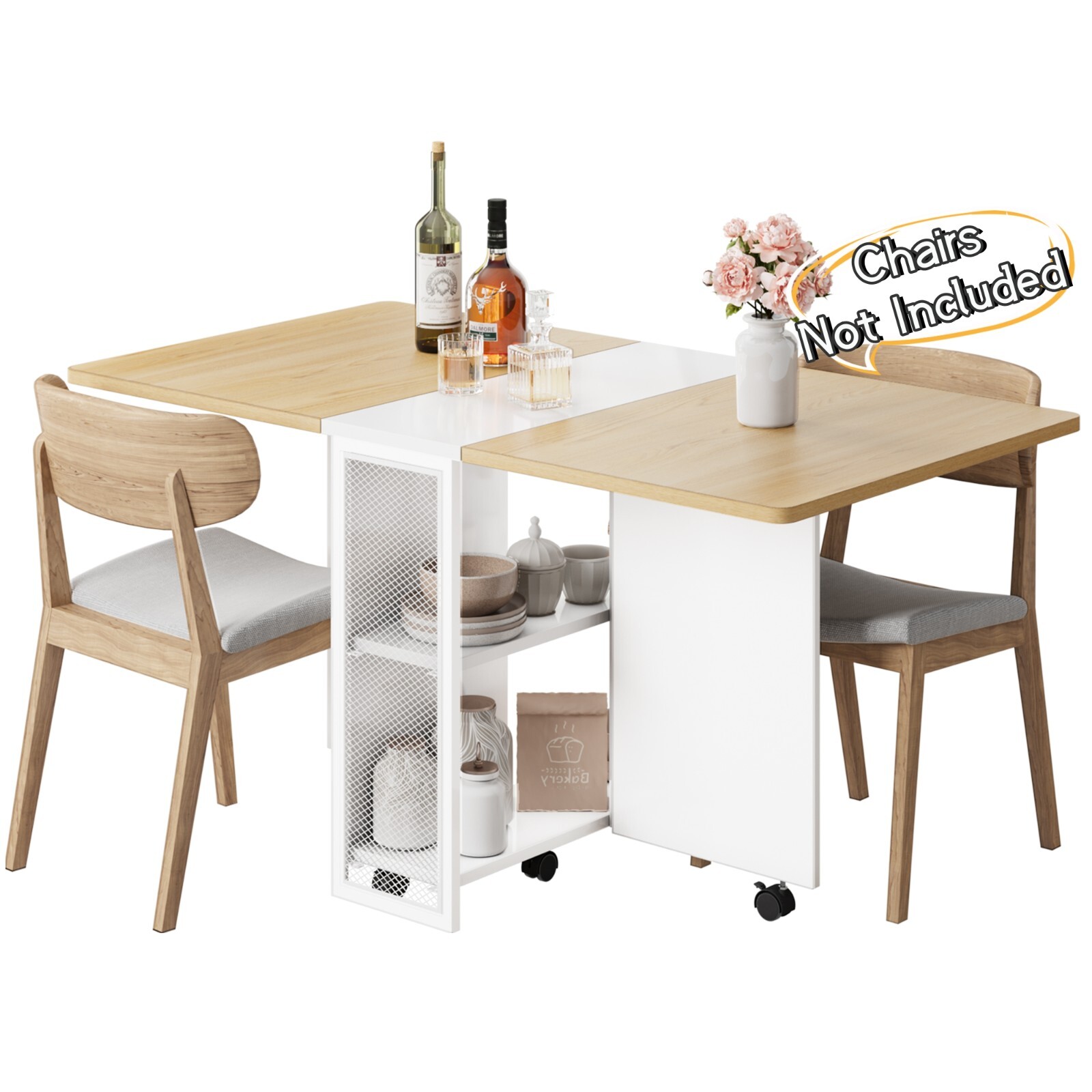 Folding Dining Table with 6 Wheels Storage Racks for Small Kitchen Saving Space