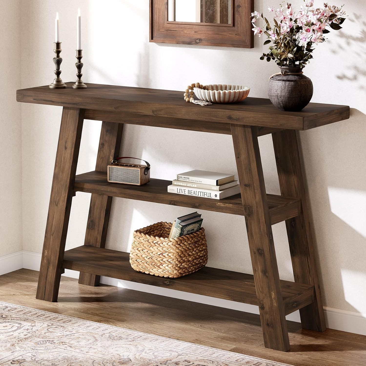 47.24″ Solid Wood Console Table 3-Tier Farmhouse Entryway Table with Storage