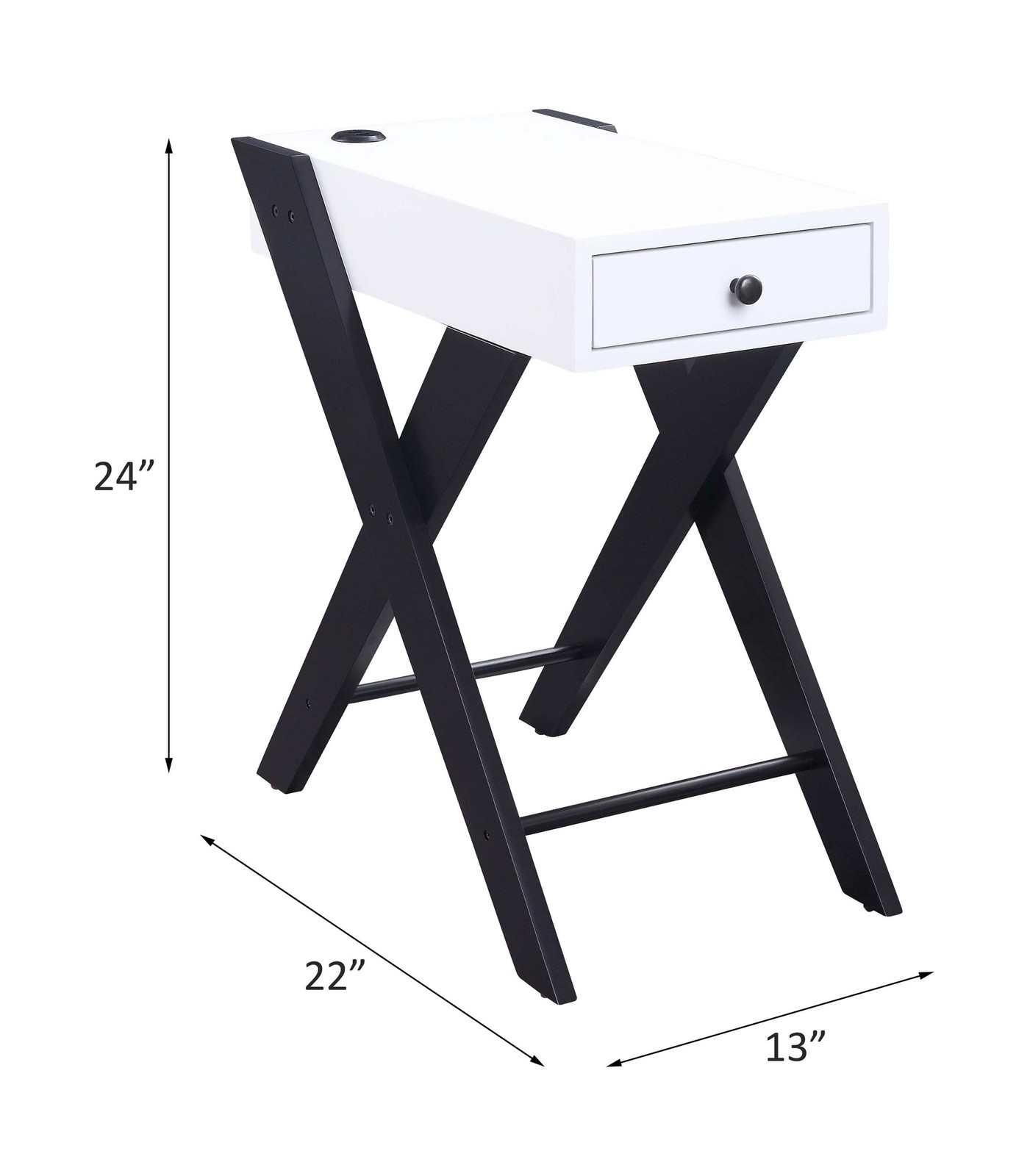 White & Black Accent Table with USB Port & Drawer, 24″H