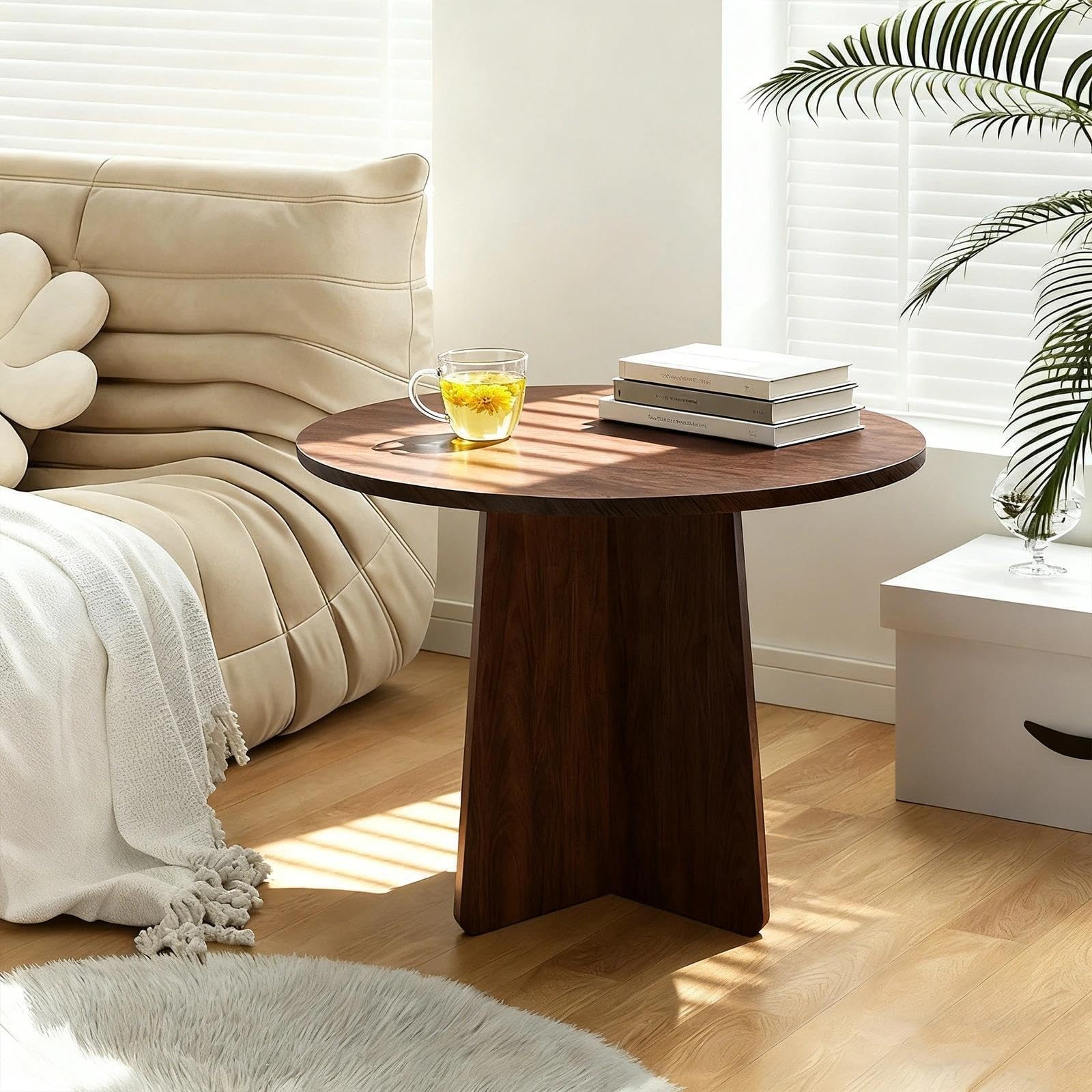 Short Small Round Coffee Table 15.7×15.7in, Side Table Walnut
