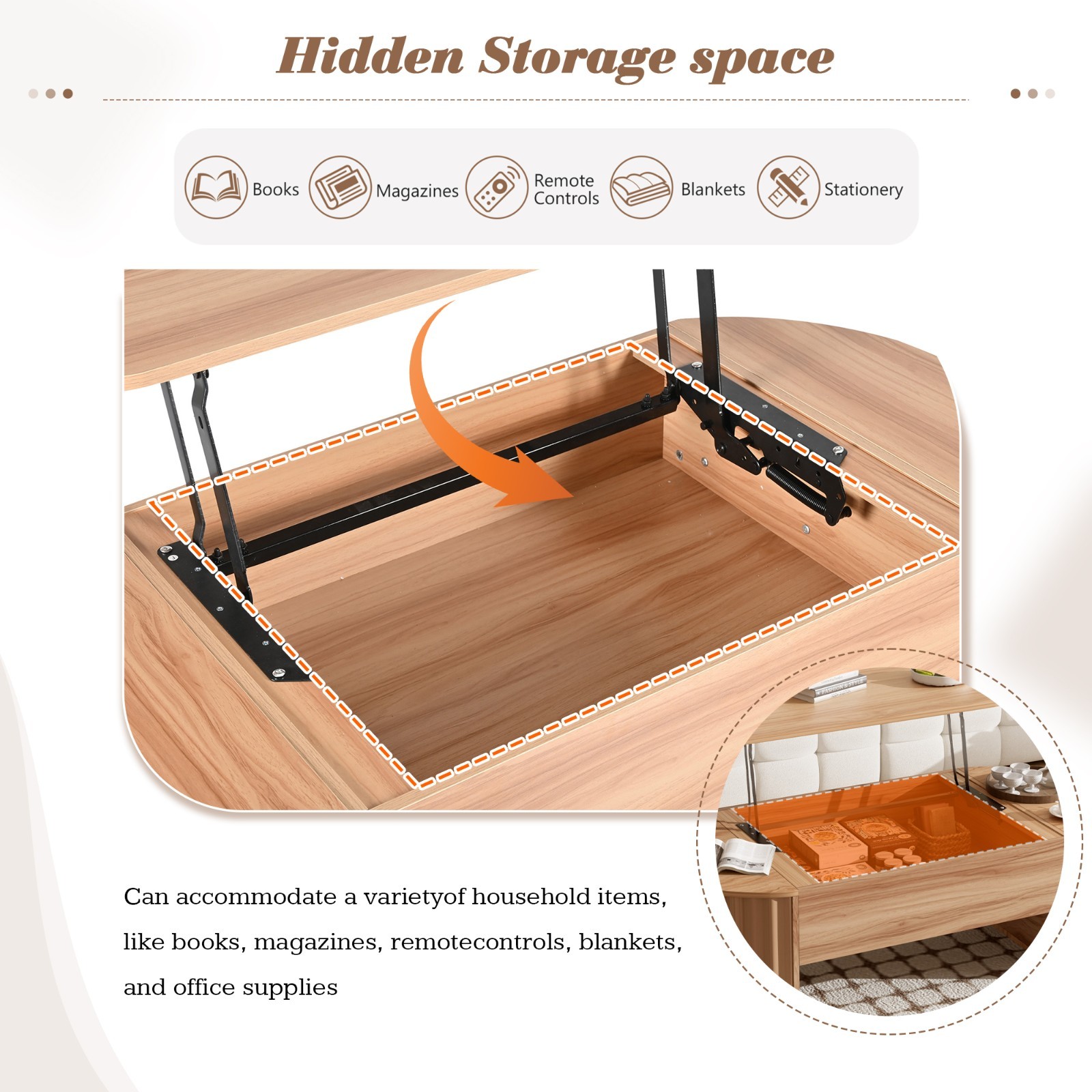 Modern Oval Lift-Top Coffee Table Center Table w/ Hidden Storage For Living Room