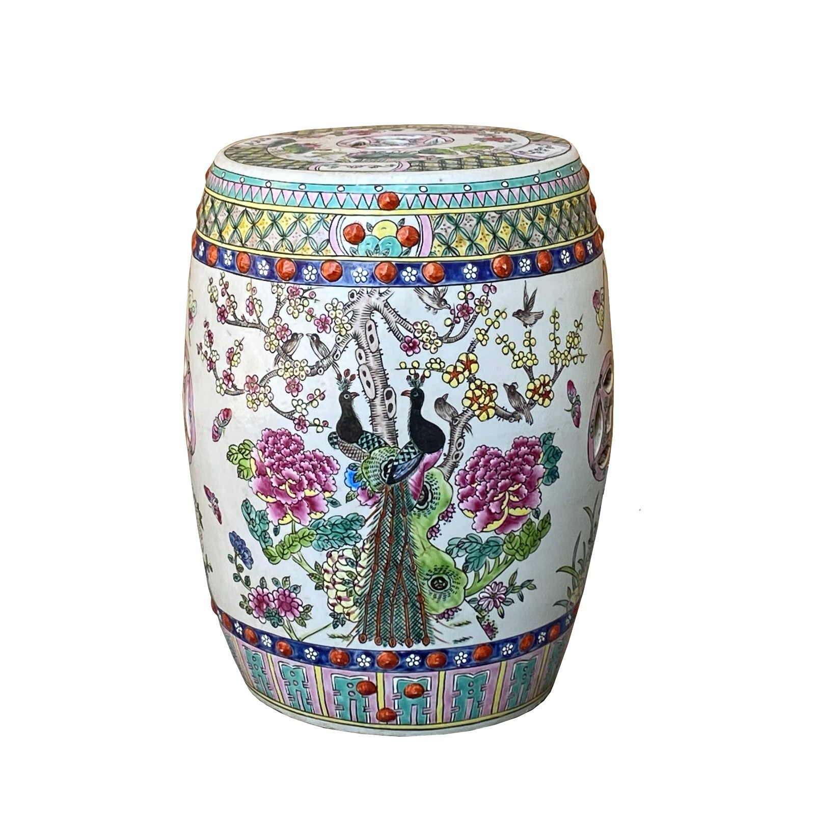 Vintage Oriental Famille Rose Mixed Color Porcelain Round Stool Ottoman cs7386