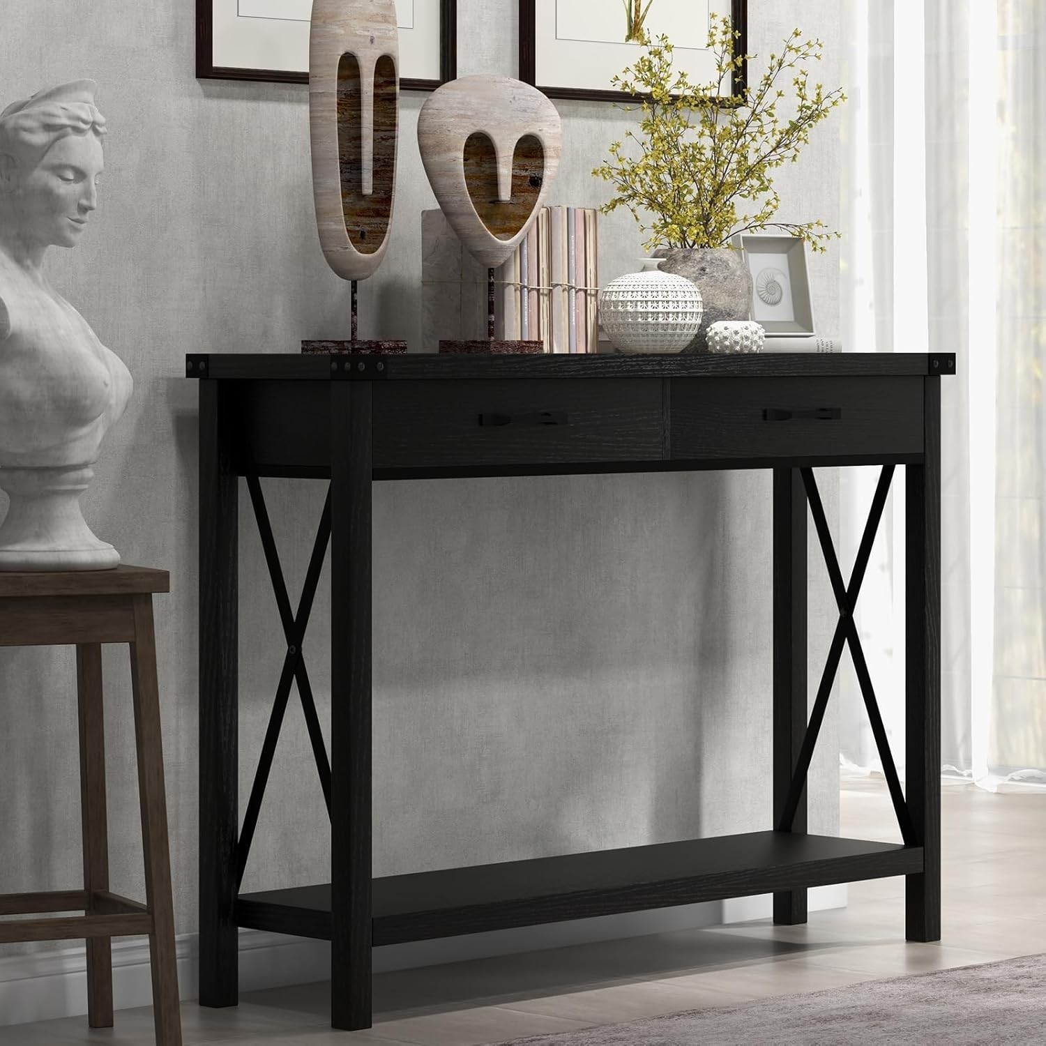 Console Table Open Shelf Accent Entryway Narrow Behind Sofa Table with 2 Drawer