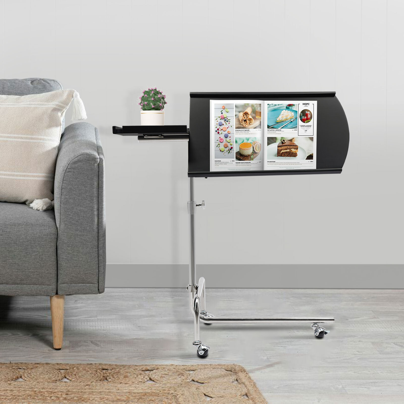 Modern Black Free-standing Adjustable Wood Swivel Tray Table w/ Ergonomic Stand