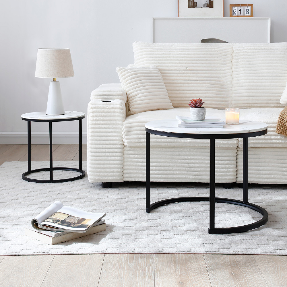 Set 2 Coffee Table Nesting White and Gray Top Black Frame Circular Round