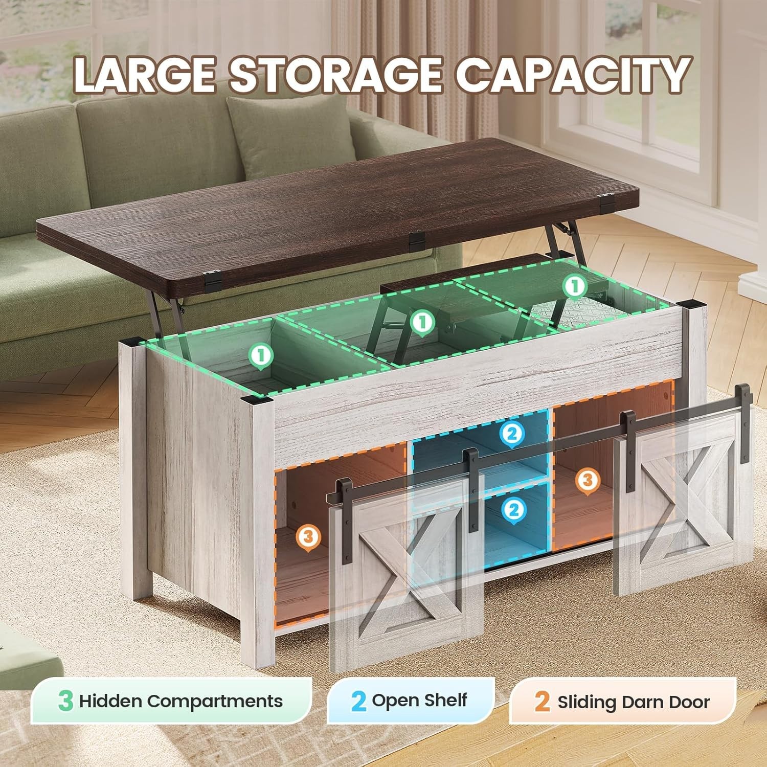 Farmhouse Lift Top Coffee Table, 4 in 1 Convertible Coffee Table with Storage