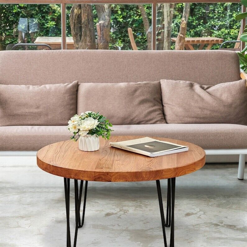 Wooden Coffee Table with Hairpin Legs, Rustic Farmhouse Round Old Elm Wood Side