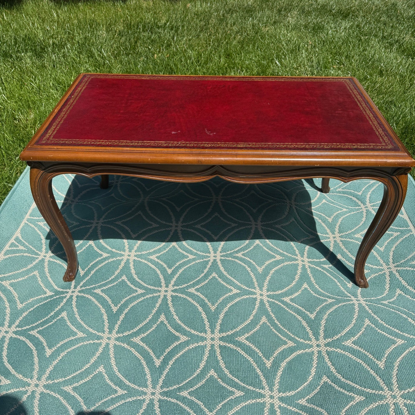 Vintage French Provincial Coffee Table Red Leather Gold Embossed Inset Wood