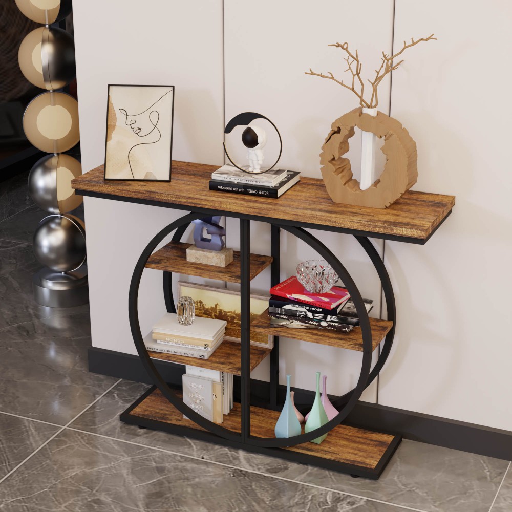 41.3 Inch Industrial Narrow Console Table Walnut MDF Metal 5 Tier Open Back