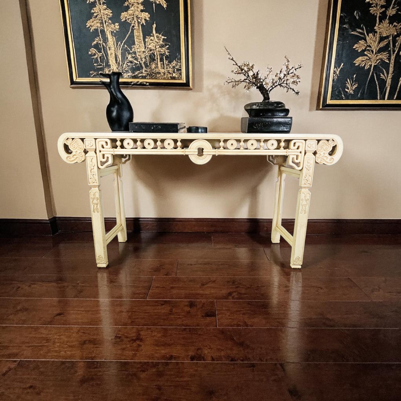 64″ Asian Modern Chinoiserie Console Sofa Table Cream Lacquer Fretwork Ornate