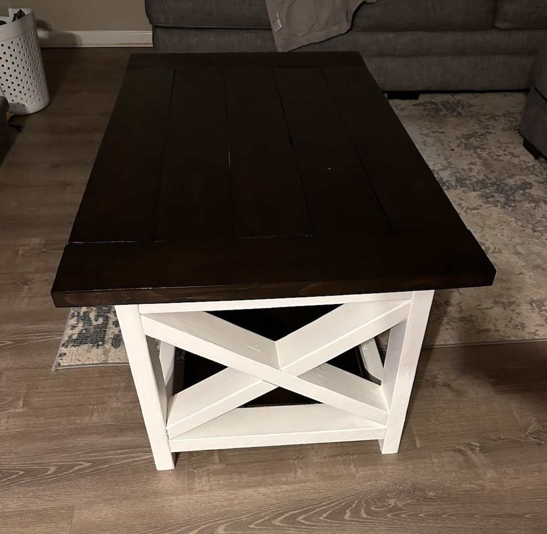 Rectangular Country Wood Coffee Table Dark Top/White Base Lower Shelf 42×30