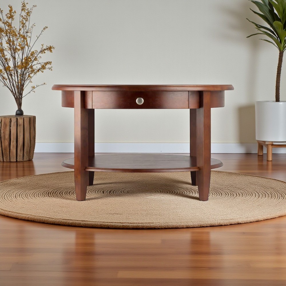 Coffee Table 30 in. Round Classic Walnut Brown Medium Wood Drawers Tapered Legs