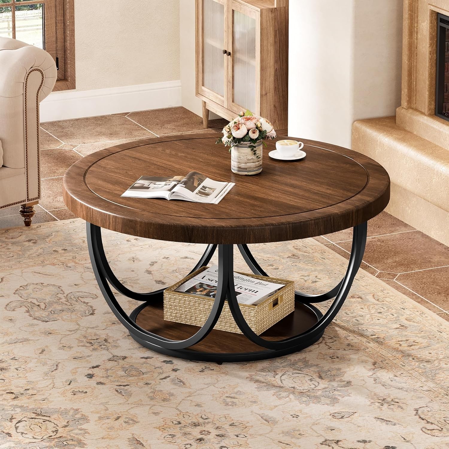 31.5” Round Coffee Table Wooden Circle Accent Cocktail Table with Storage Shelf