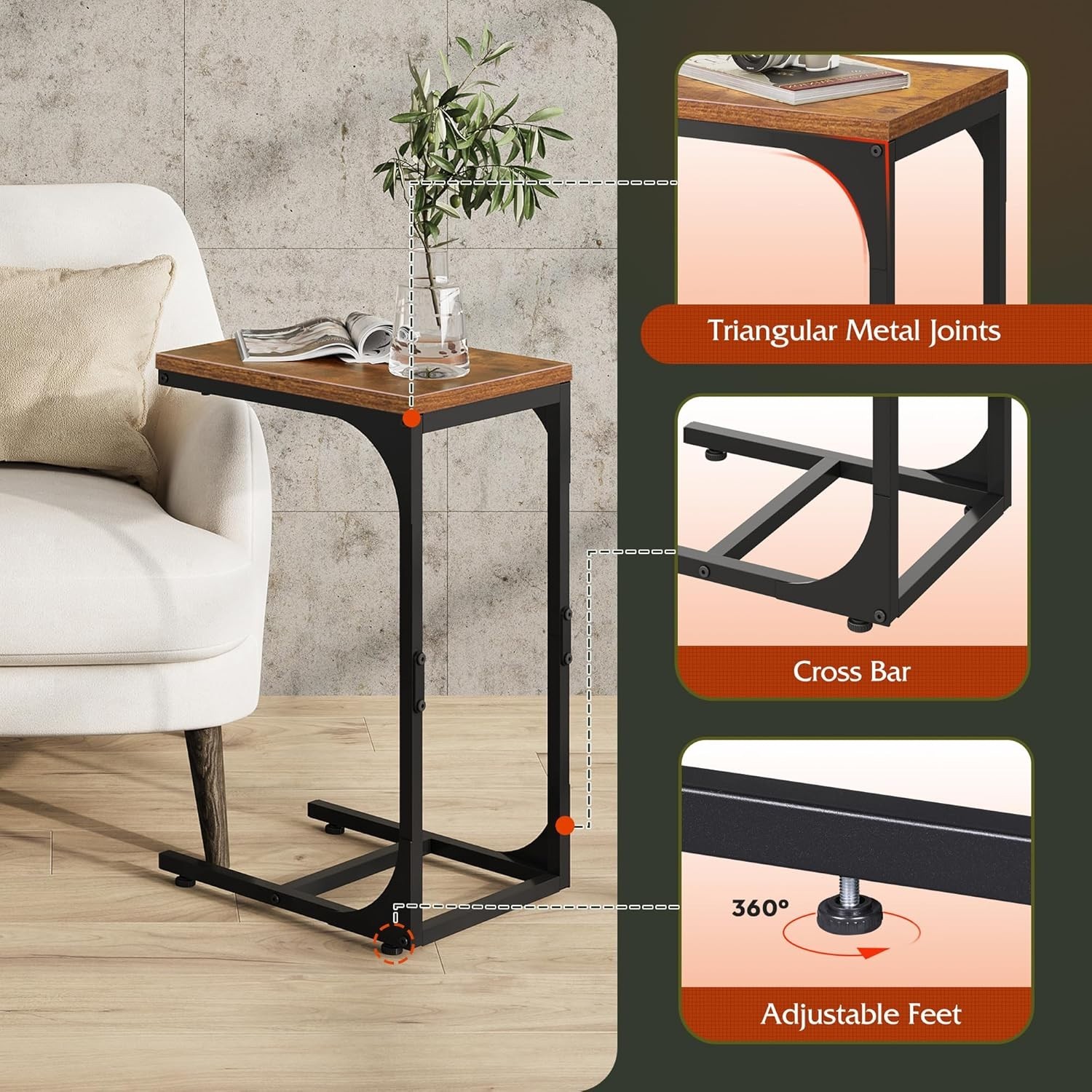 C Shaped End Table in Rustic Brown – Stylish Sofa Side Table for Any Room