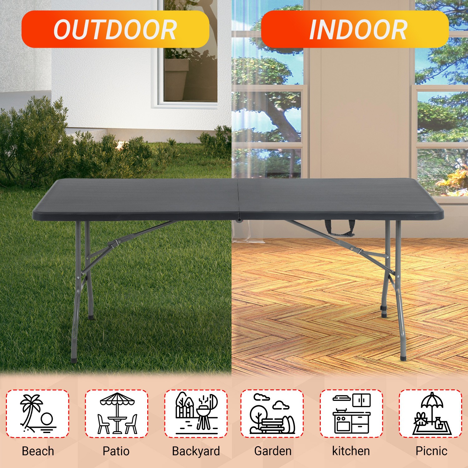 6FT Folding Table Portable Plastic Table w/ Carry Handle Waterproof & Foldable