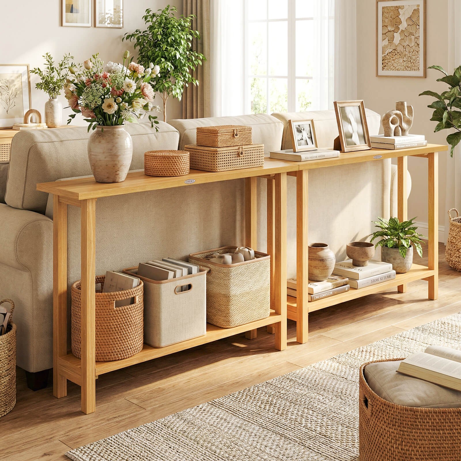 47″Solid Wood Console Table,2-Tier Narrow Farmhouse Sofa Table w/Teak Wood Frame