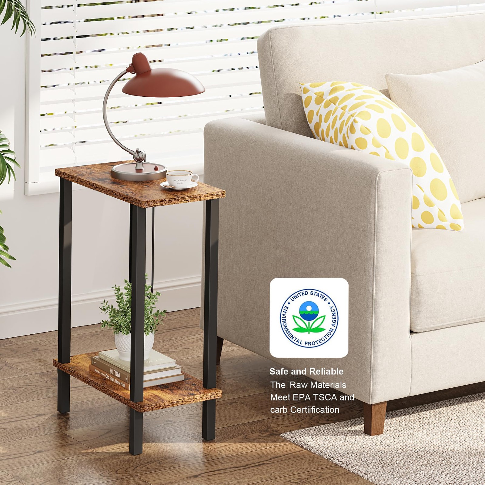 TUTOTAK Small Side Table, Narrow End 2-Tier（7.9″D x 15.8″W x 22.5″H）, Brown