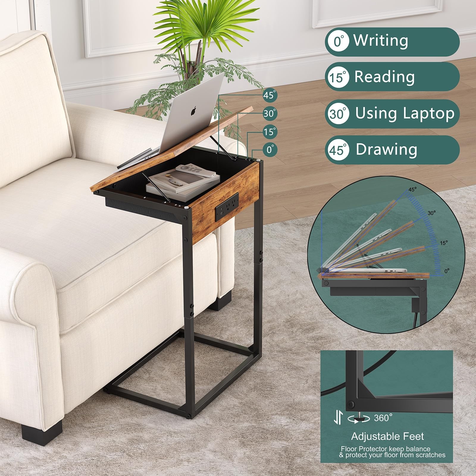 C Shaped End Table with Charging Station, 45° Tiltable Adjustable Flip Top Ta…