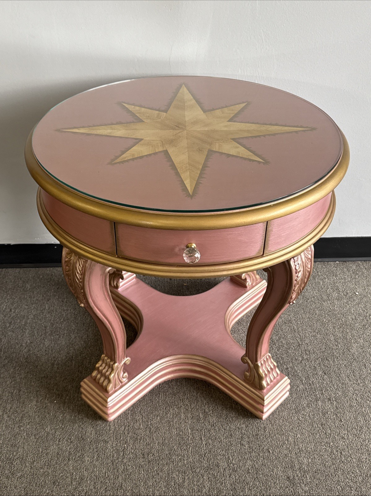 Canterbury Round End Table Custom Painted Rozay Gold Glass Top Accent Table