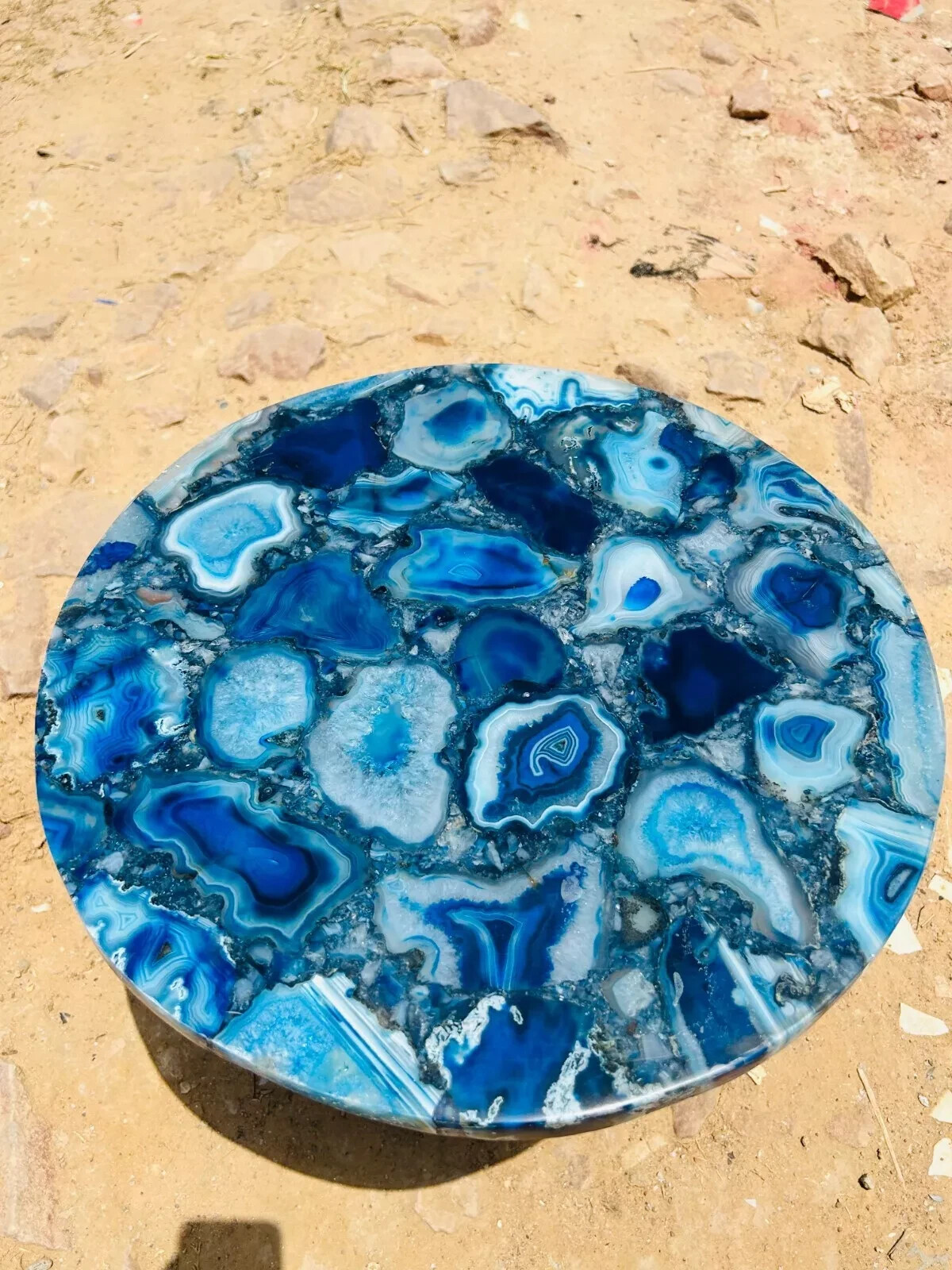 Handmade Round Blue Agate Coffee Table – Natural Stone Accent Furniture Gift Art