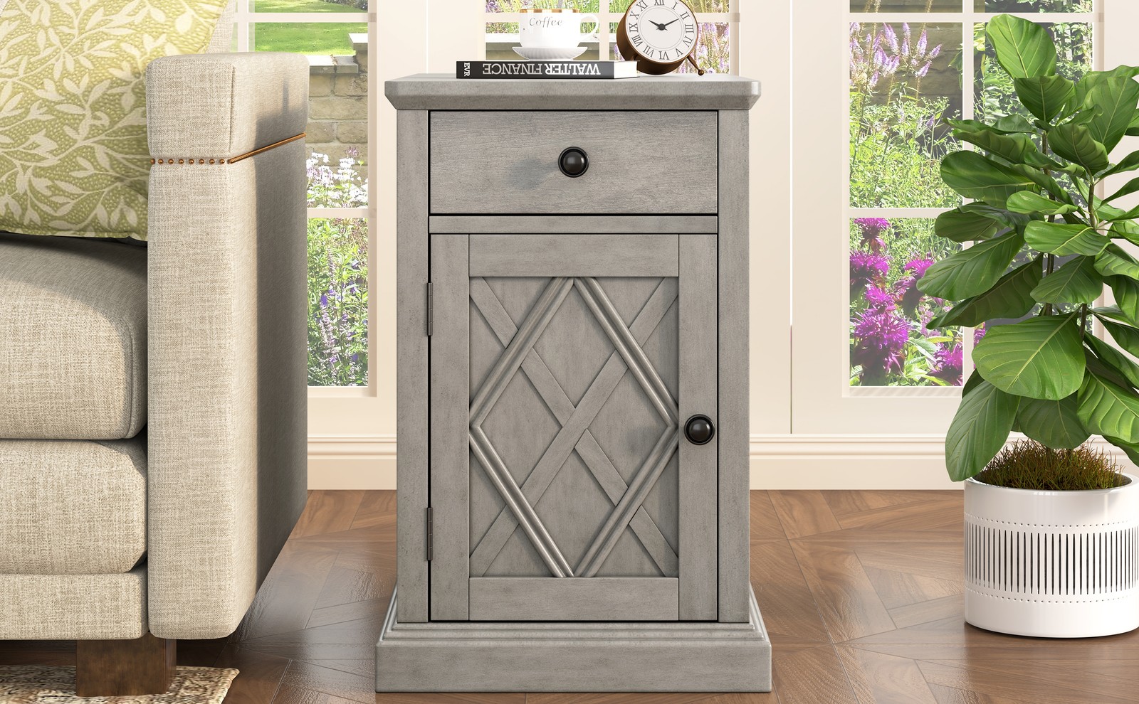 Classic Charging End Table with USB Ports & Storage Antique Gray