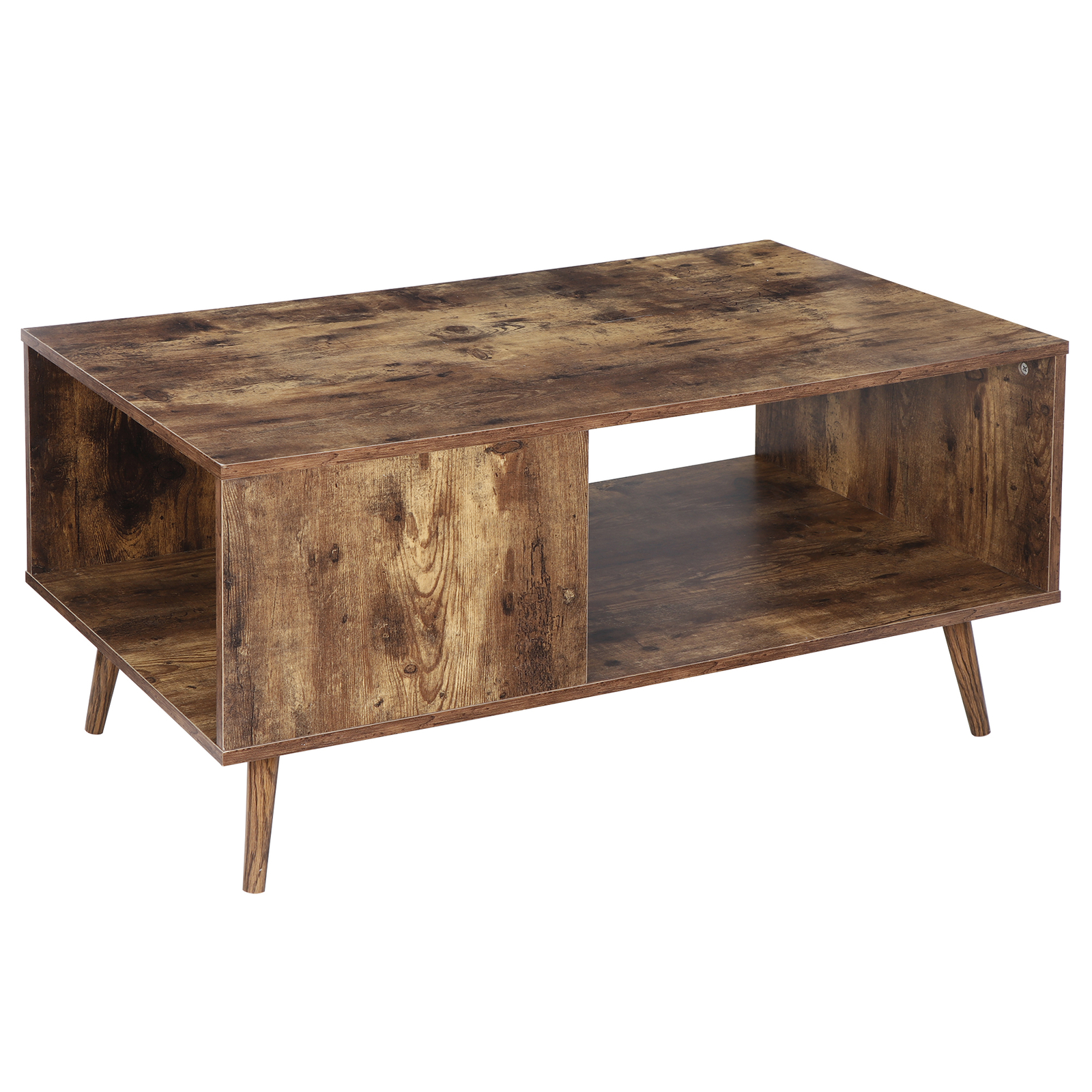 Retro Rectangular Coffee Tea Table Wooden Open Storage Shelf For Living Room