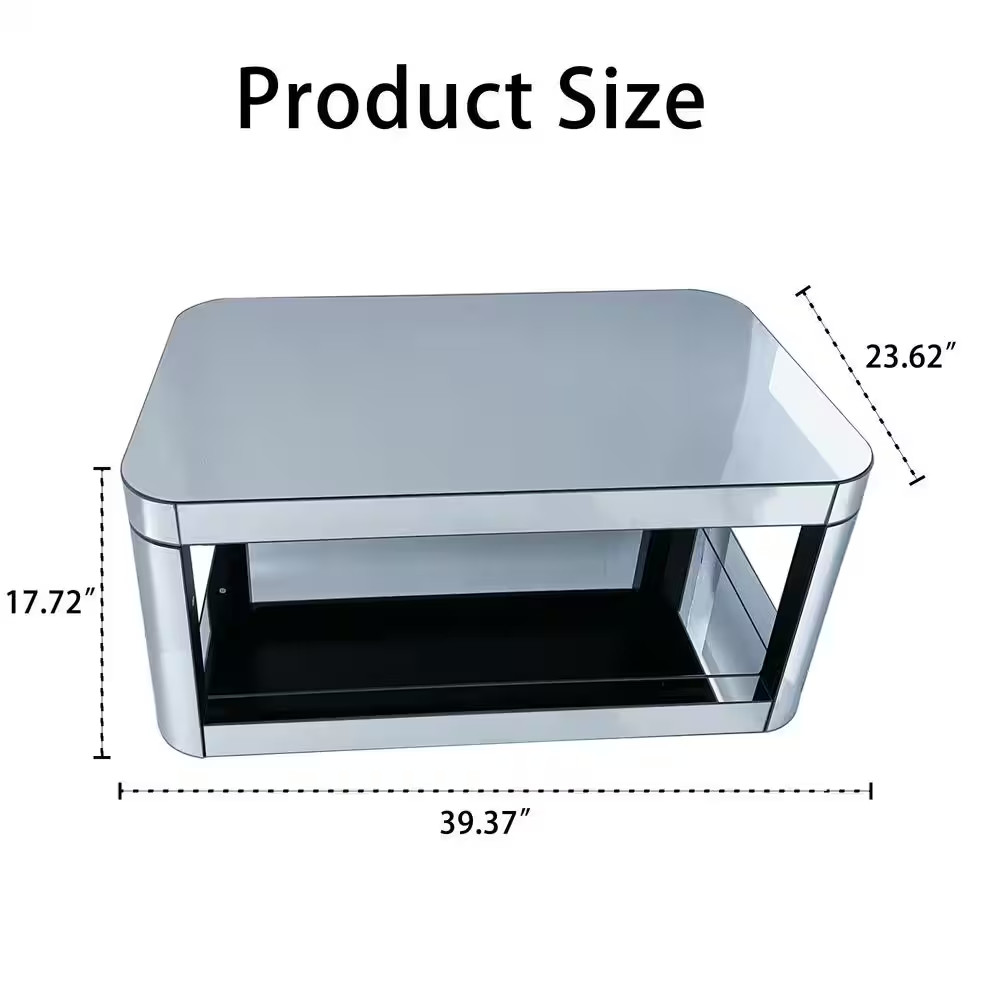 39 In. Silver Rectangle Mirror Glass Top Coffee Table with Shelf