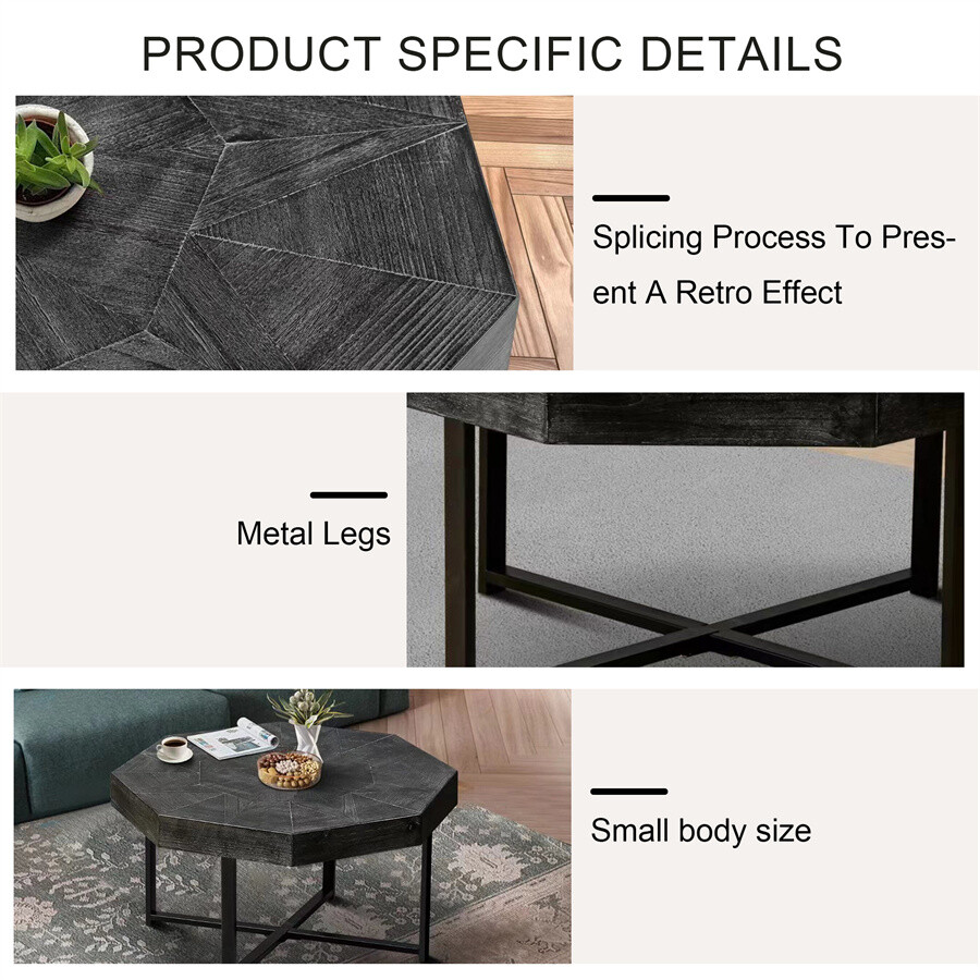 Wood Octagonal Patchwork Craft Farmhouse Wooden Table Metal Legs Coffee Table