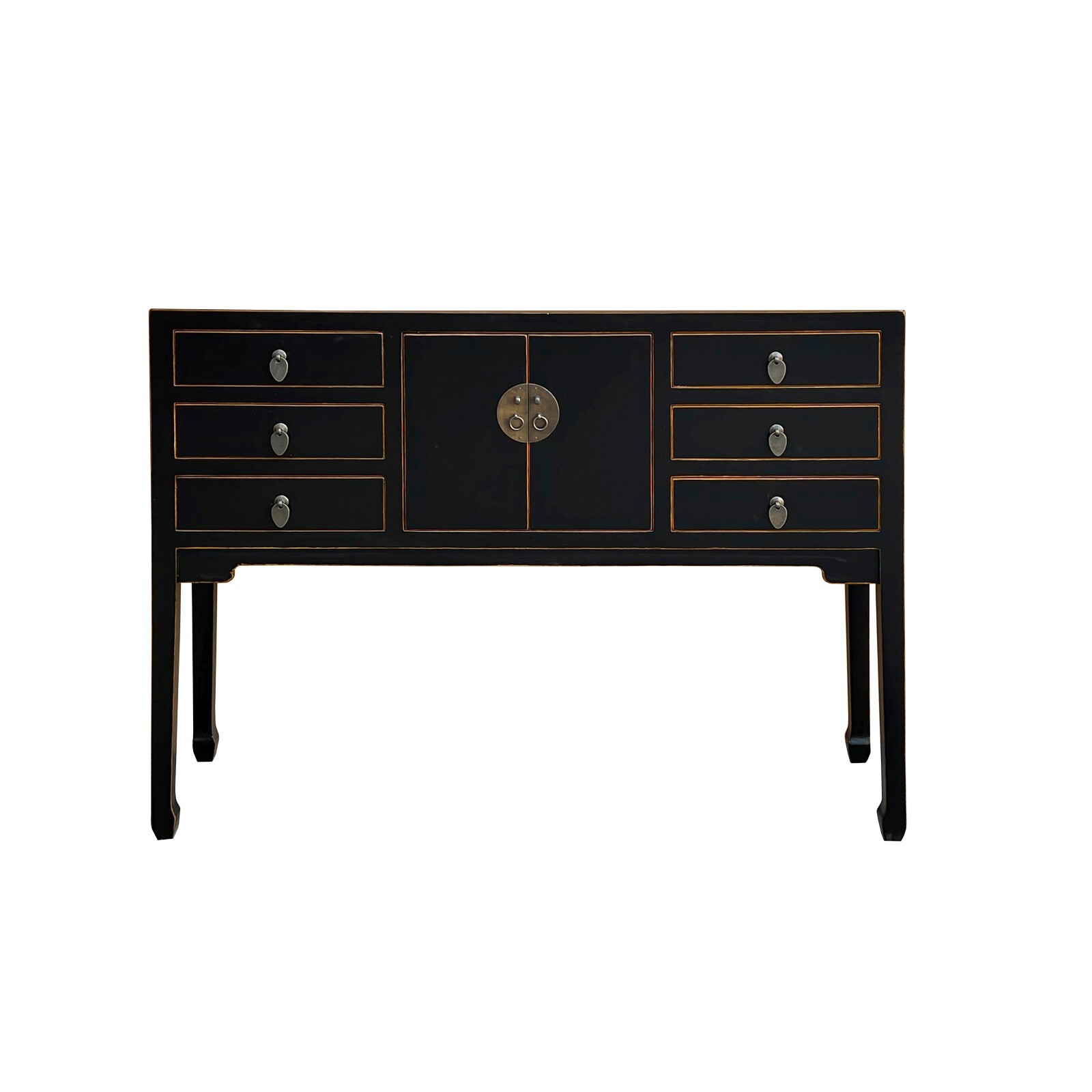 Oriental Black Lacquer Tall Moon Face 6 Drawers Slim Foyer Table cs7567