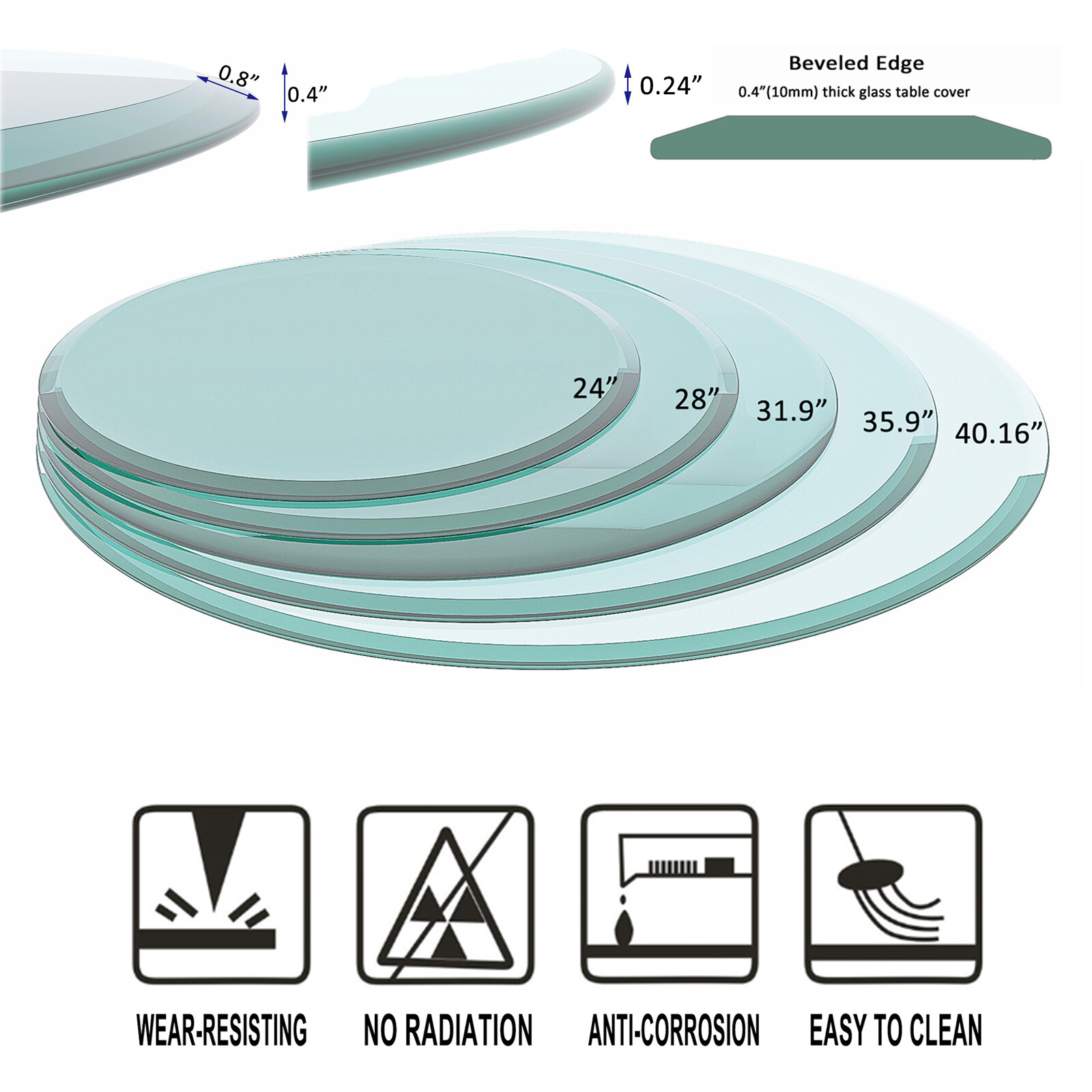 Round Tempered Glass Table Top 1/4” 1/2” 2/5″ Thick Round Beveled Polished