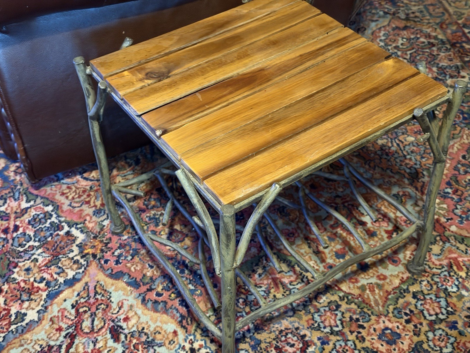 Rustic Teak Wood Slatted Metal Twig Side Table W/ Shelf !