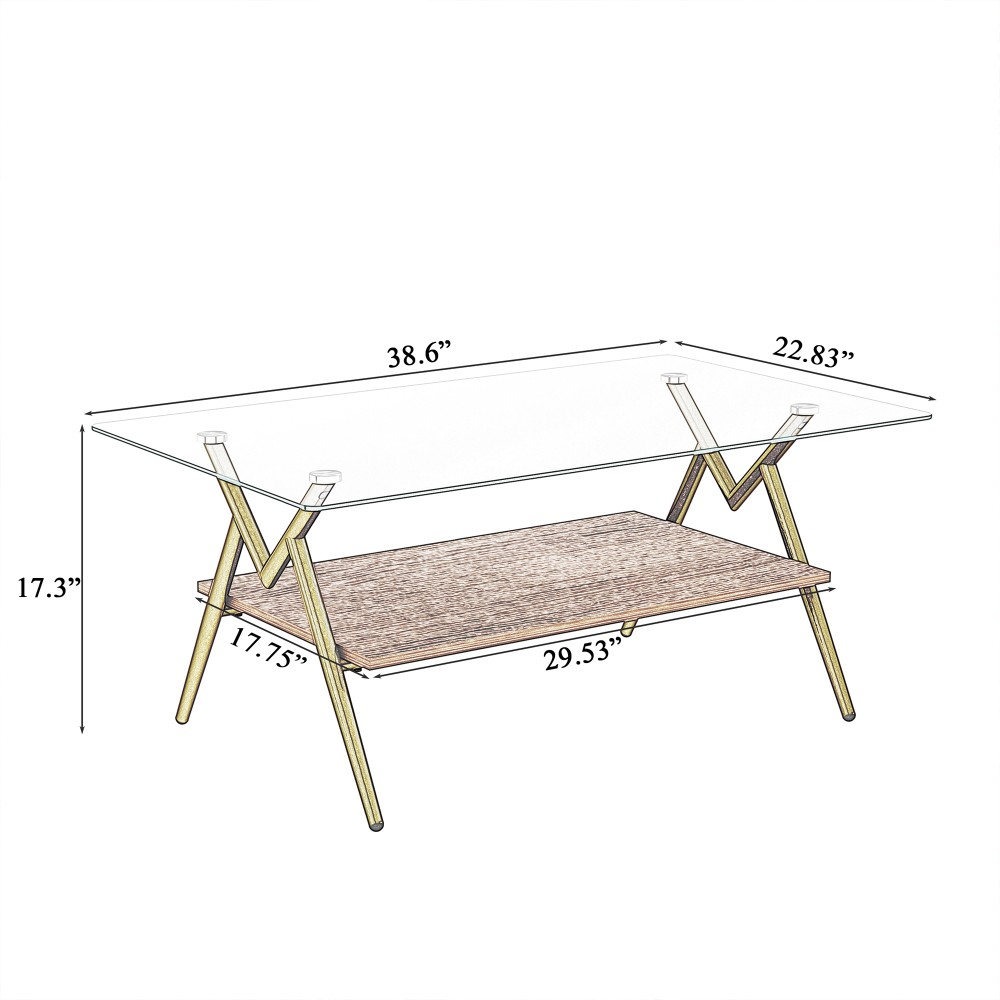 Rectangle Coffee Table, Tempered Glass Top, Gold Metal Legs, Modern Clear