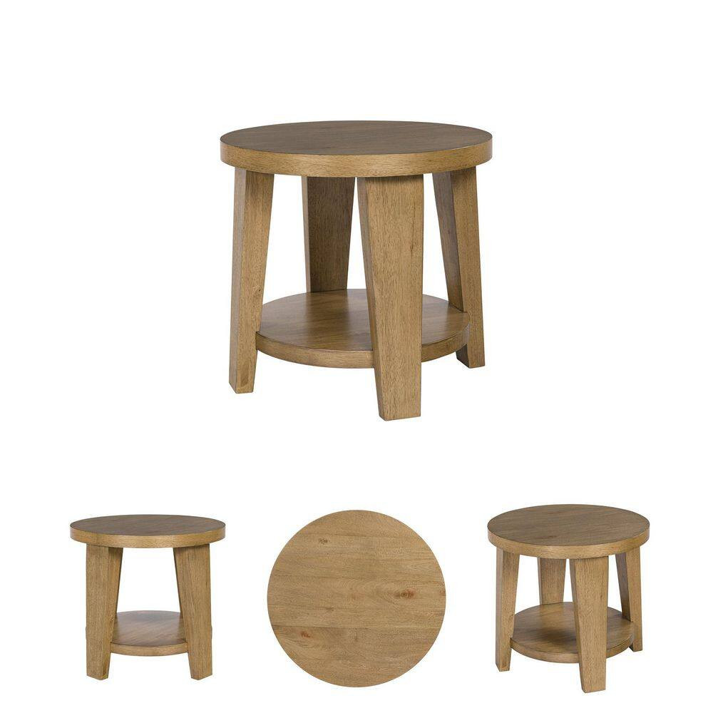 Kristiland 26 In. Brown round Wood End Table with Storage and Shelves