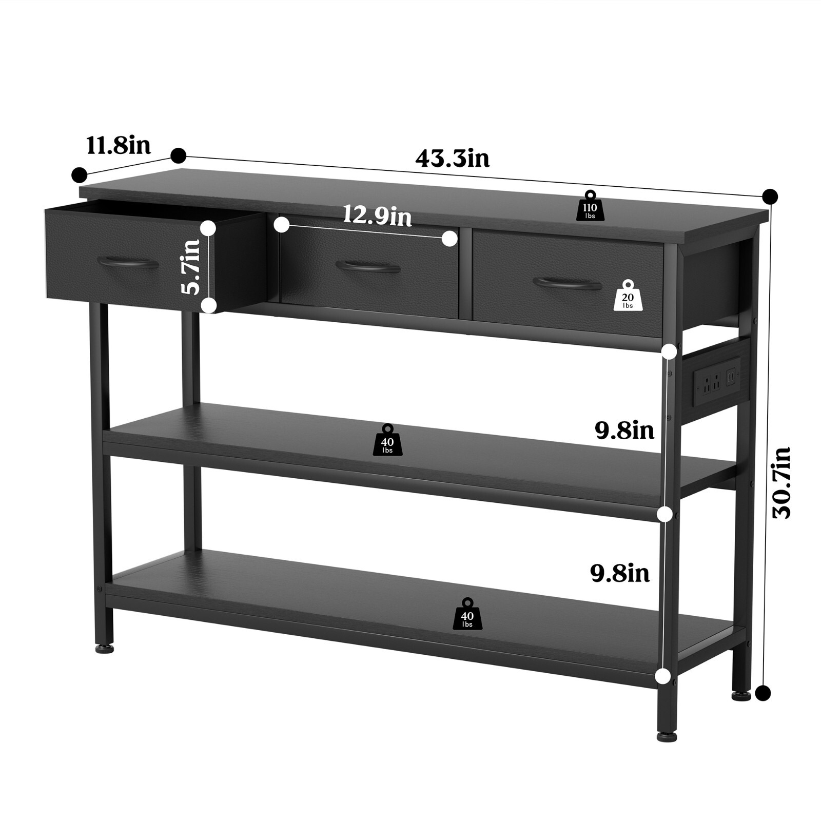 43.3″ Console Table with Power Outlets 3 Drawers 2 Shelves Sofa Table Black