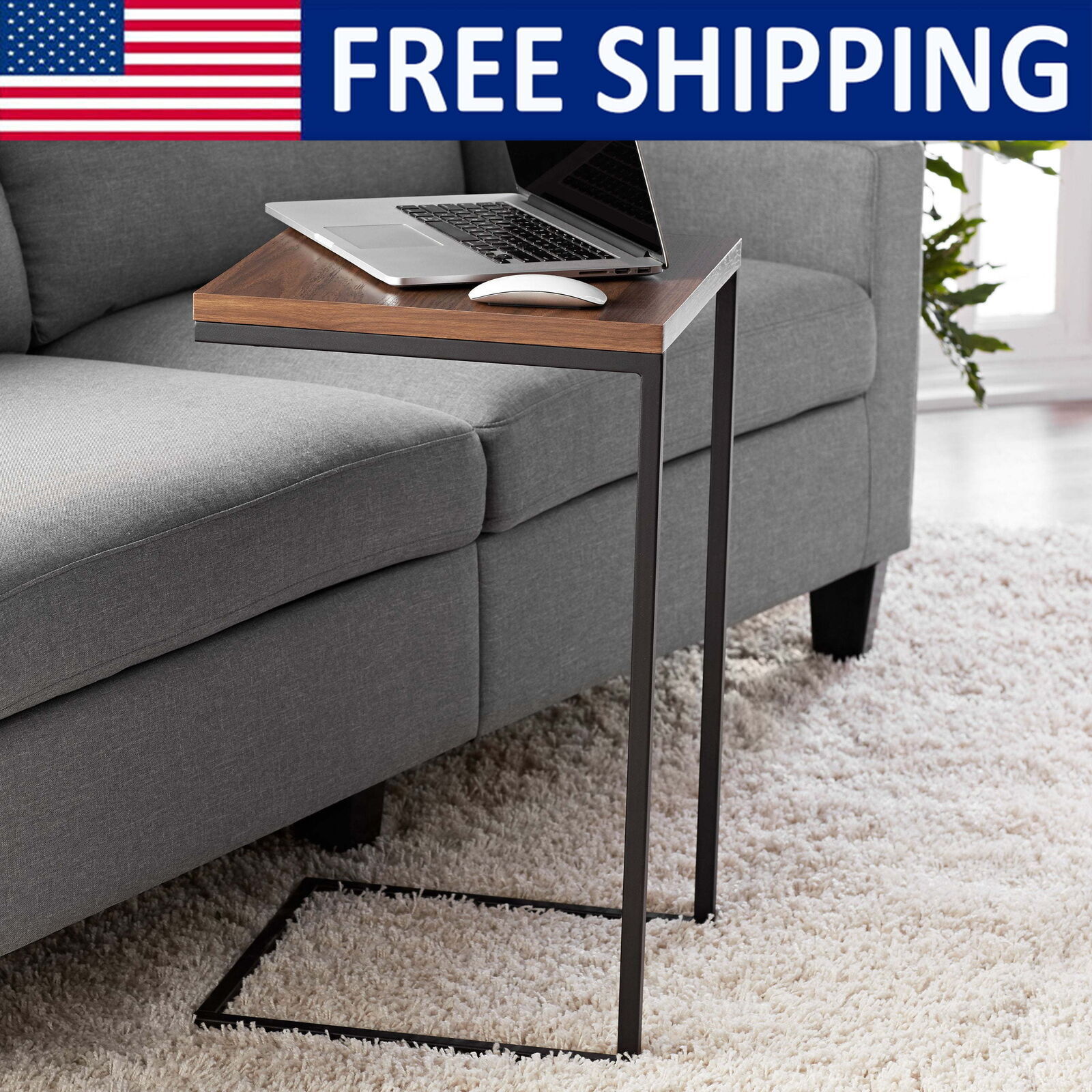 C-Shape Metal End Table Canyon Walnut Finish Powder-coated Home Any Room New