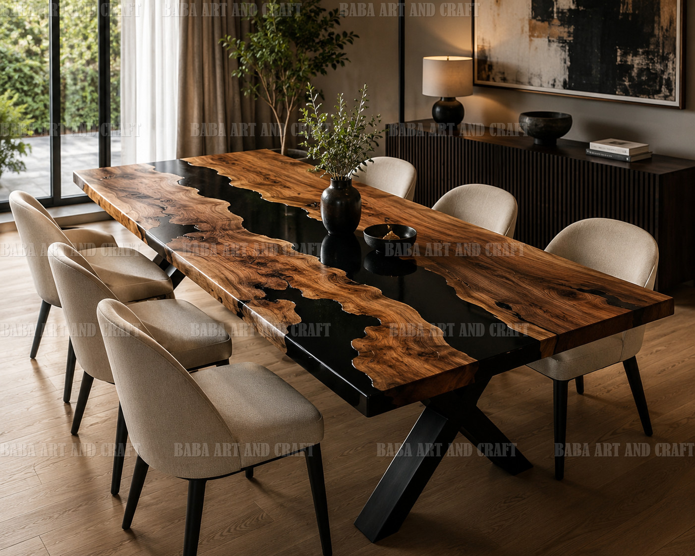 HANDCRAFTED BLACK WOOD & EPOXY RESIN DINING TABLE – MODERN LUXURY TABLE TOP