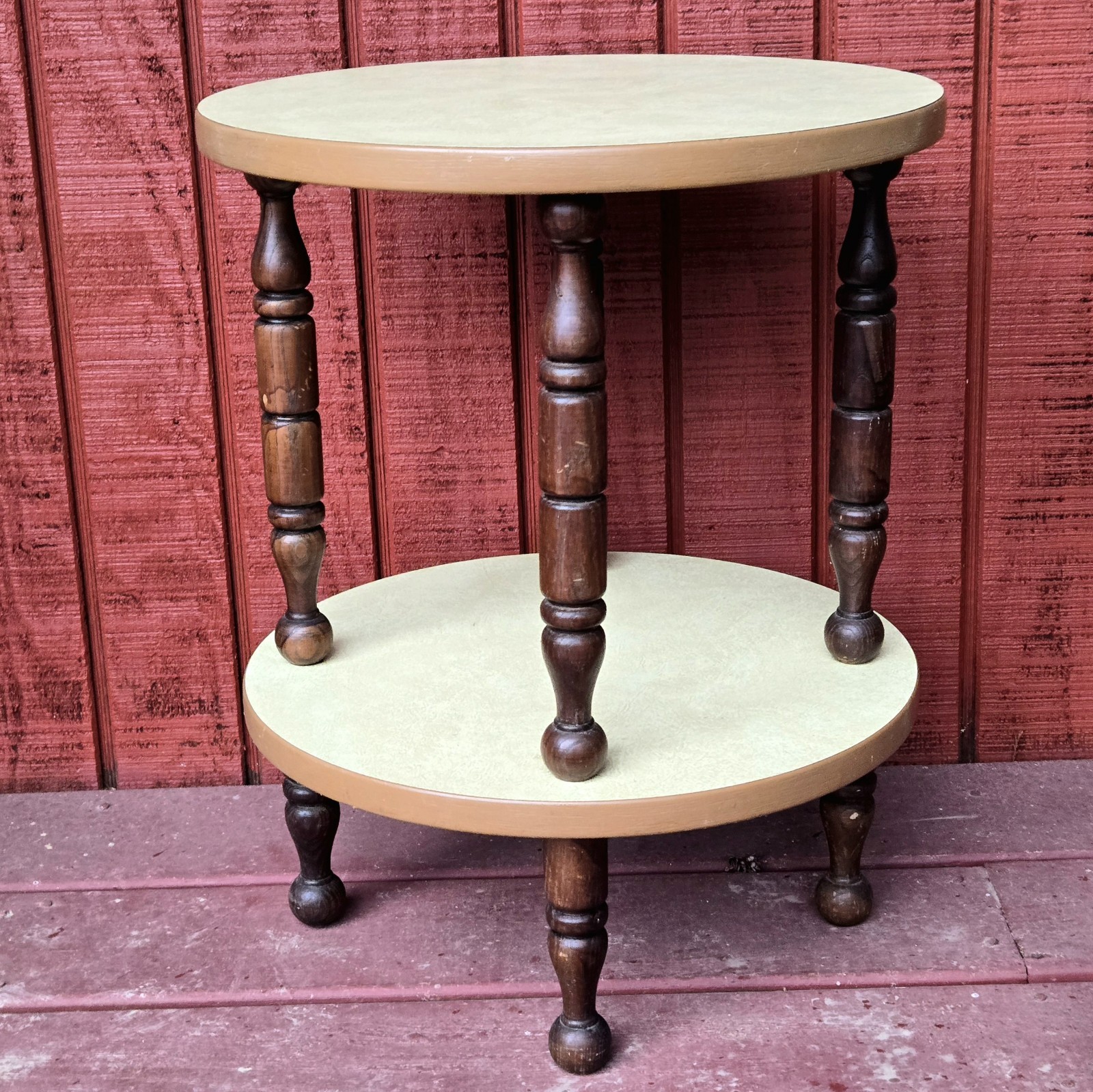 Vintage MCM Plant Stand Table 2 Tier Formica Wood Spindle Mid Century EXC