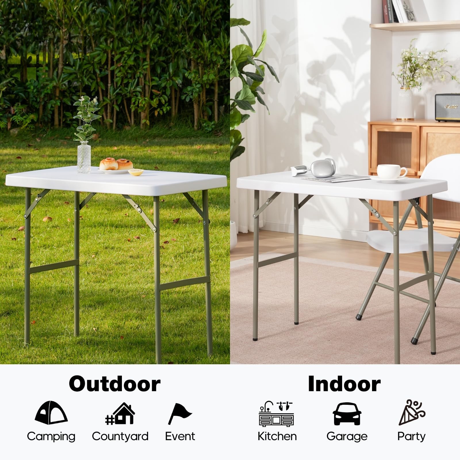 2.7ft Rectangular Folding Table for All-Occasion, Foldable with HDPE Tabletop