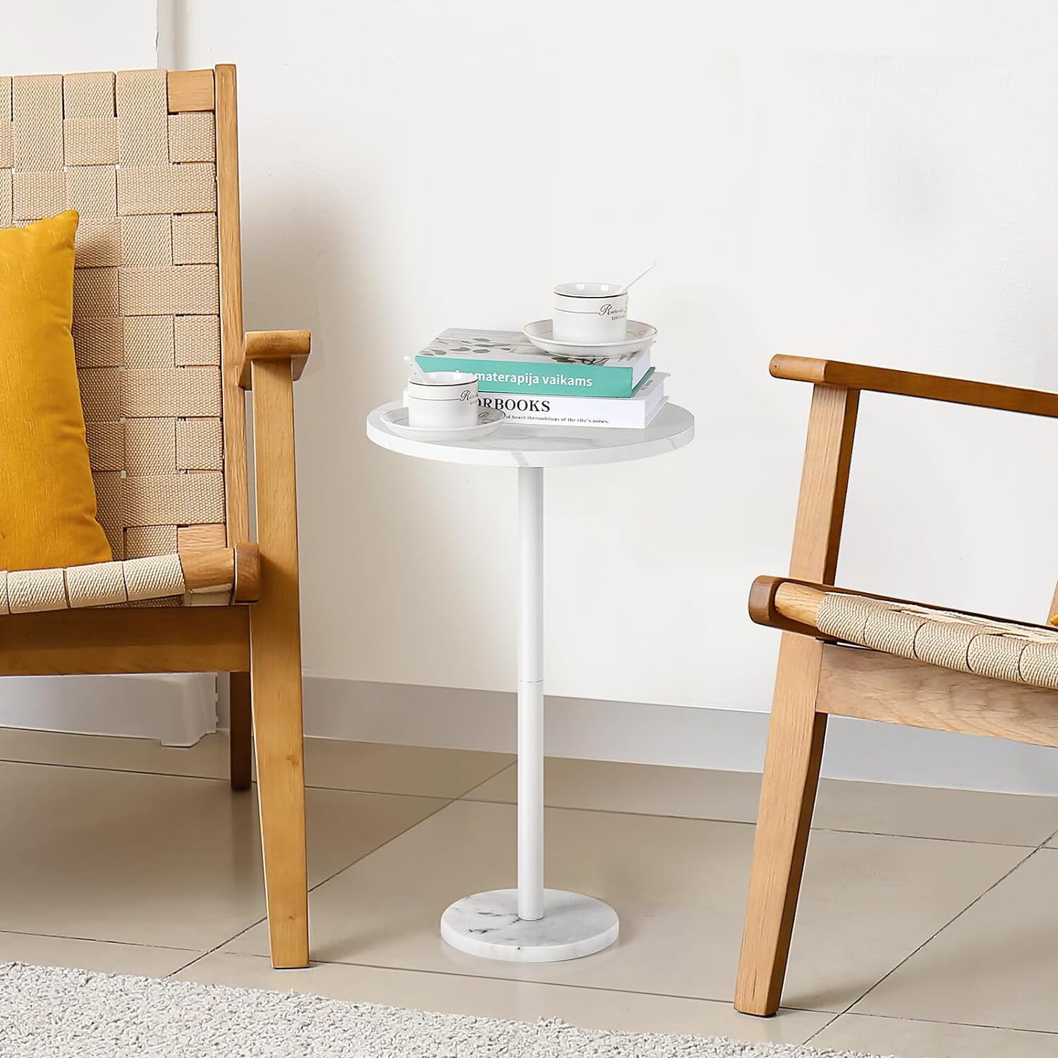Small Drink Table for Small Spaces Round End Table w/Marble Base for Sofa Couch