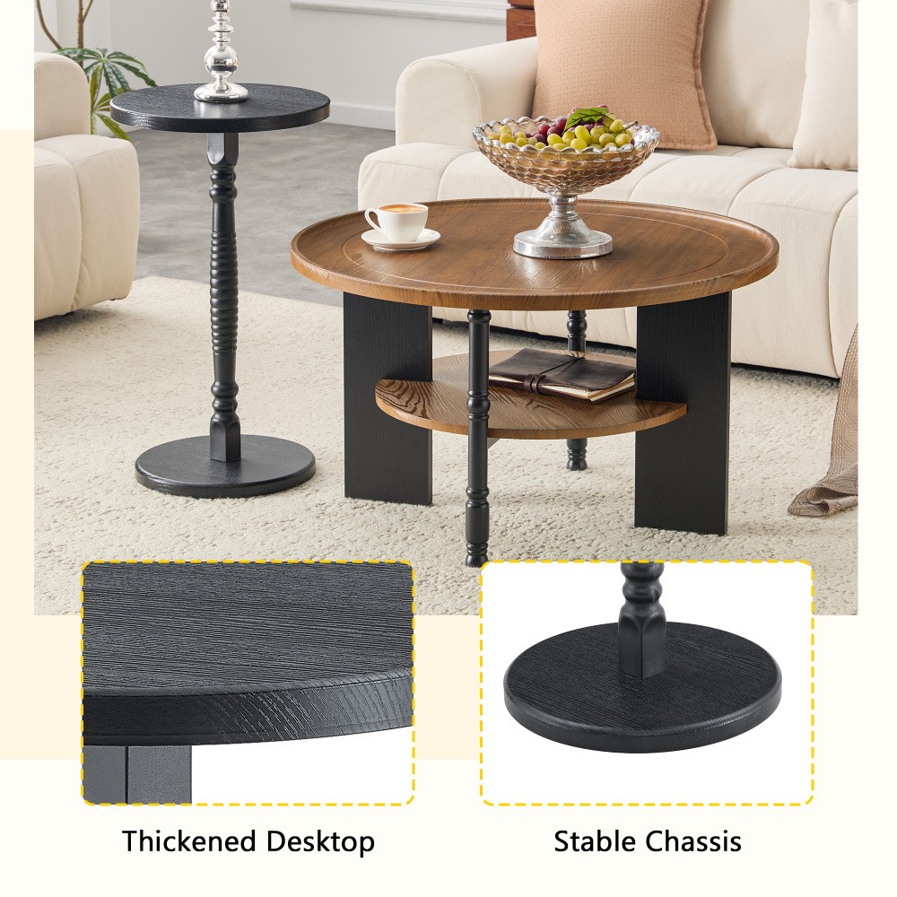 Round Coffee Table Side Table 2 Piece Set with Storage Shelf PVC Surface MDF
