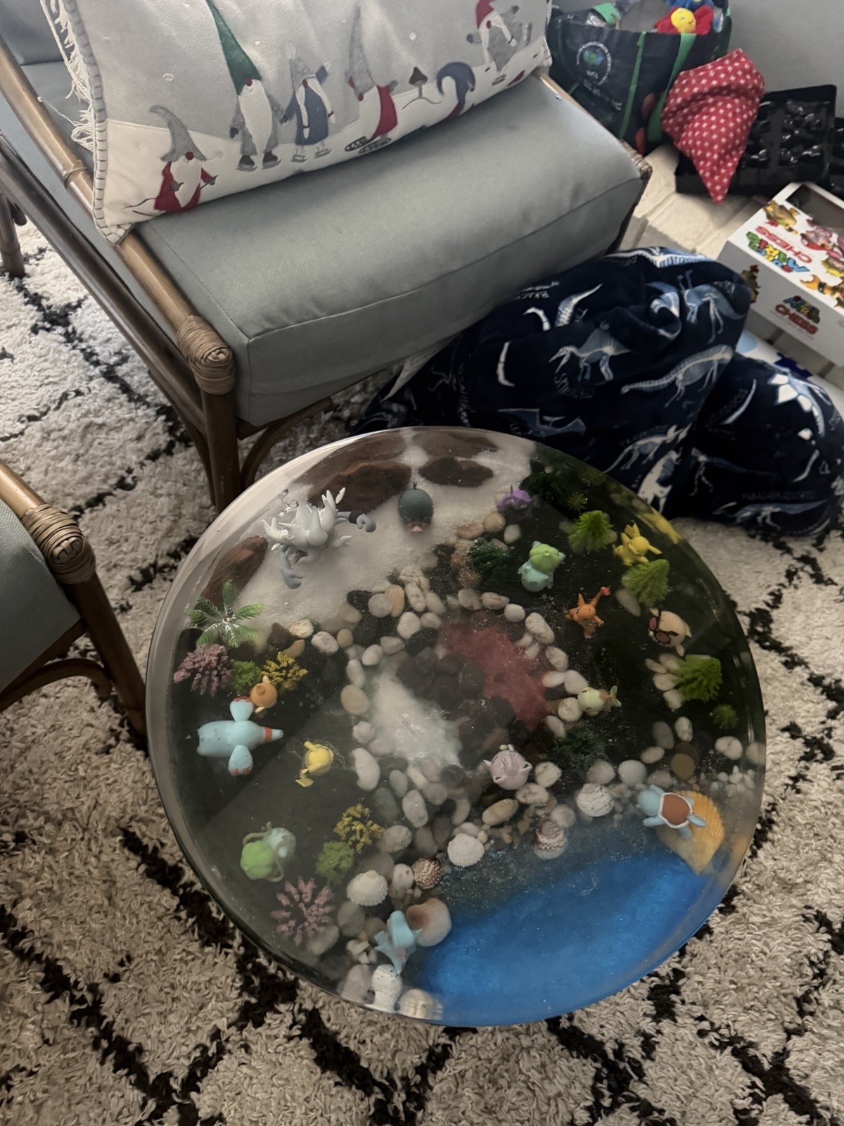Round Multicolor Side Table, Ocean Reef Glossy Epoxy, Art Deco, 20×4.5×20