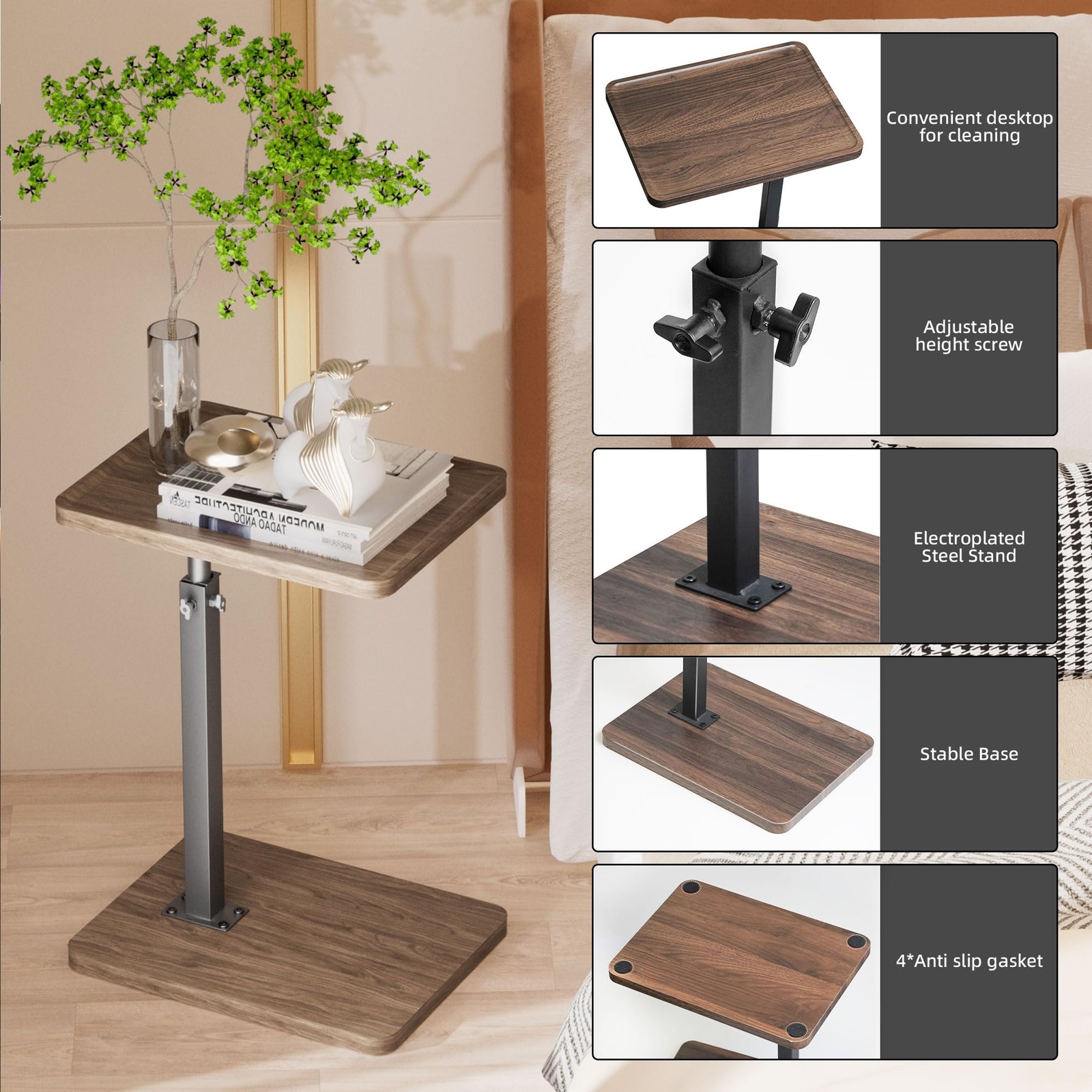 Adjustable Height C Table End Table 360 Swivel Sofa Tray Rustic Brown Home