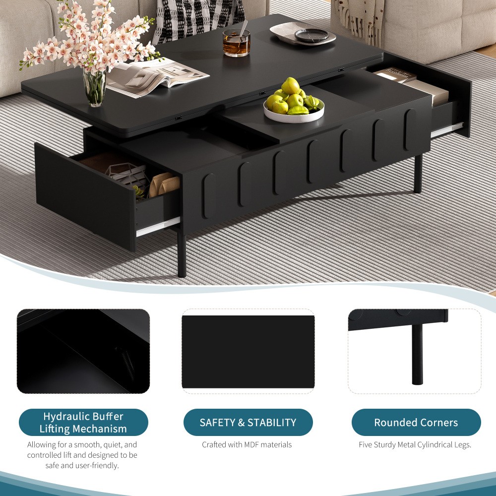 Coffee Table with Drawers, Foldable, Featuring Hidden Storage Compartments