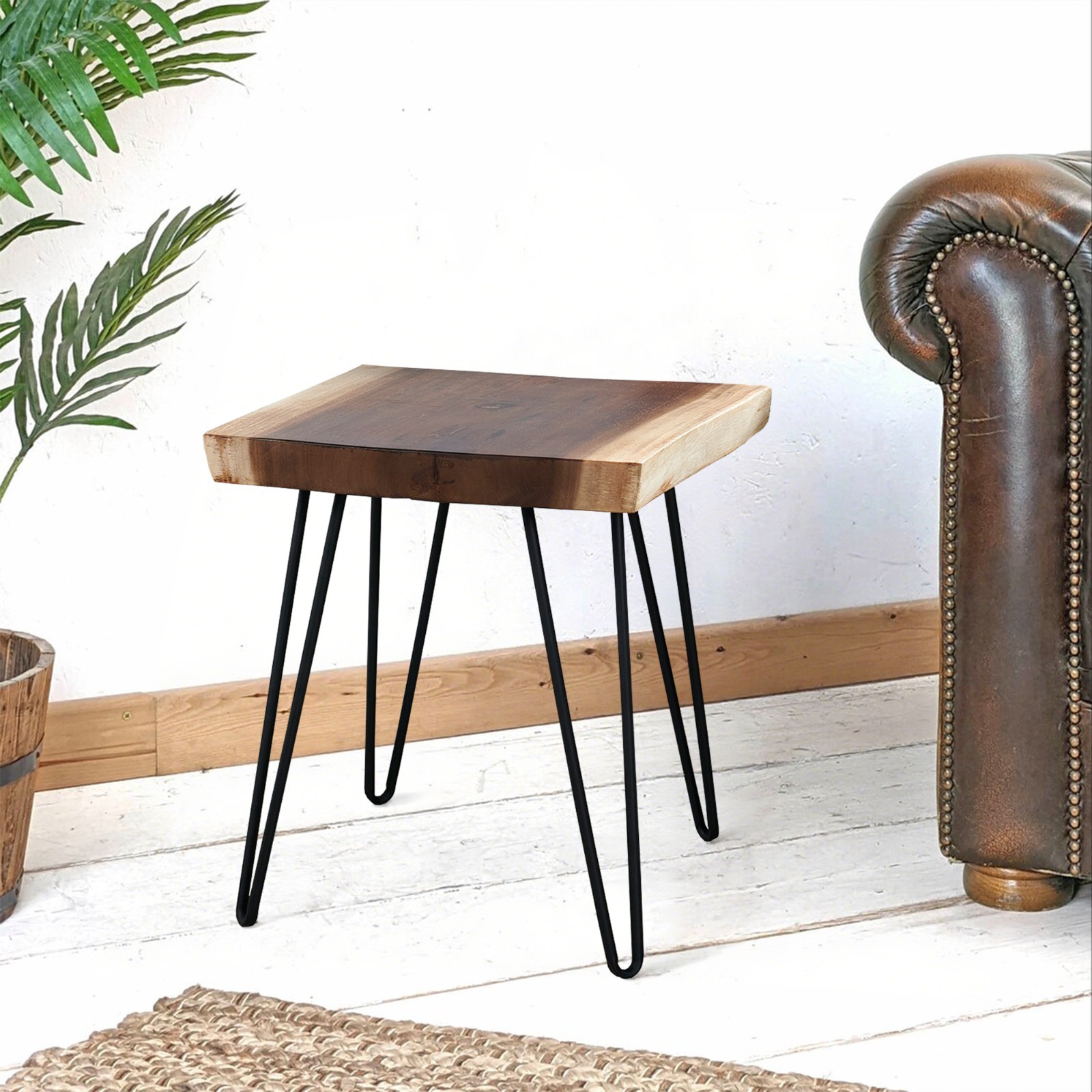 Natural Teak Wood Square End Side Table with Hairpin Legs 20.9″ H Home Decor